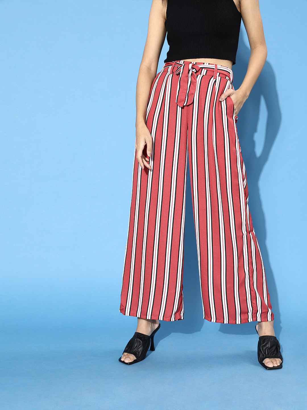 

DressBerry Women Chic Rust Striped Belted Trousers