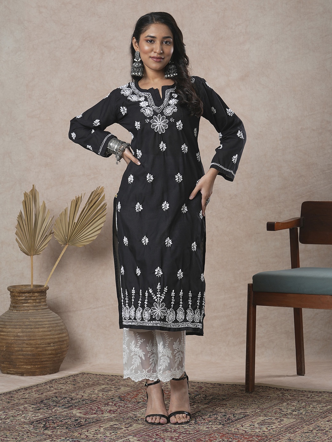 

ADA Women Black & White Paisley Chikankari Hand Embroidered Straight Kurta