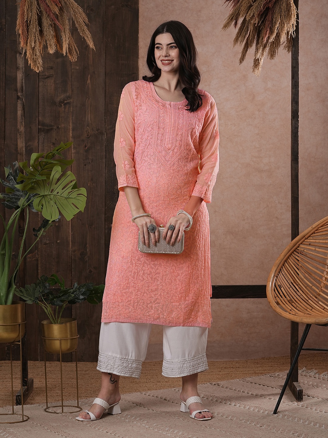 

ADA Women Peach-Coloured Chikankari Hand Embroidered Straight Kota Handloom Kurta With Matching Slip