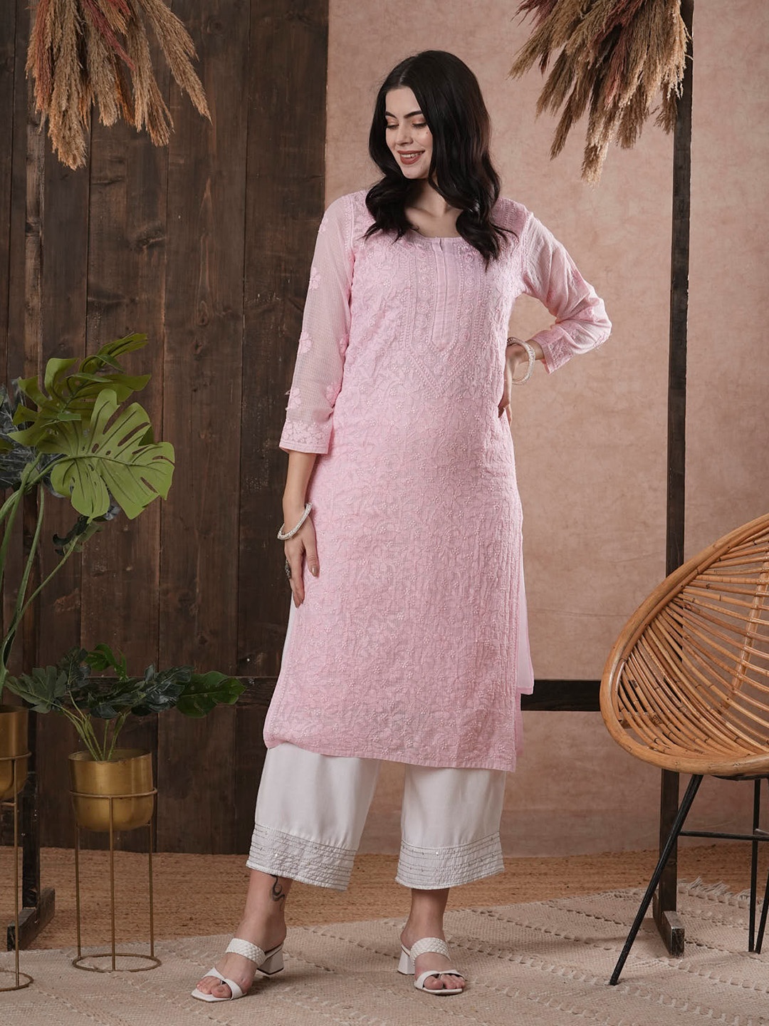 

ADA Women Pink Chikankari Hand Embroidered Straight Kota Handloom Kurta With Matching Slip