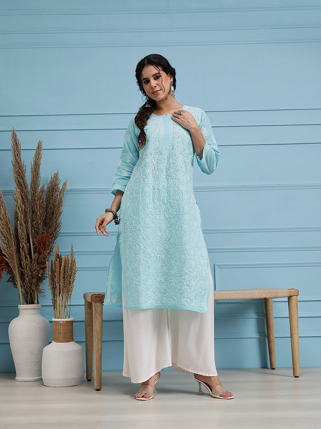 ADA Women Blue Chikankari Hand Embroidered Straight Handloom Kurta