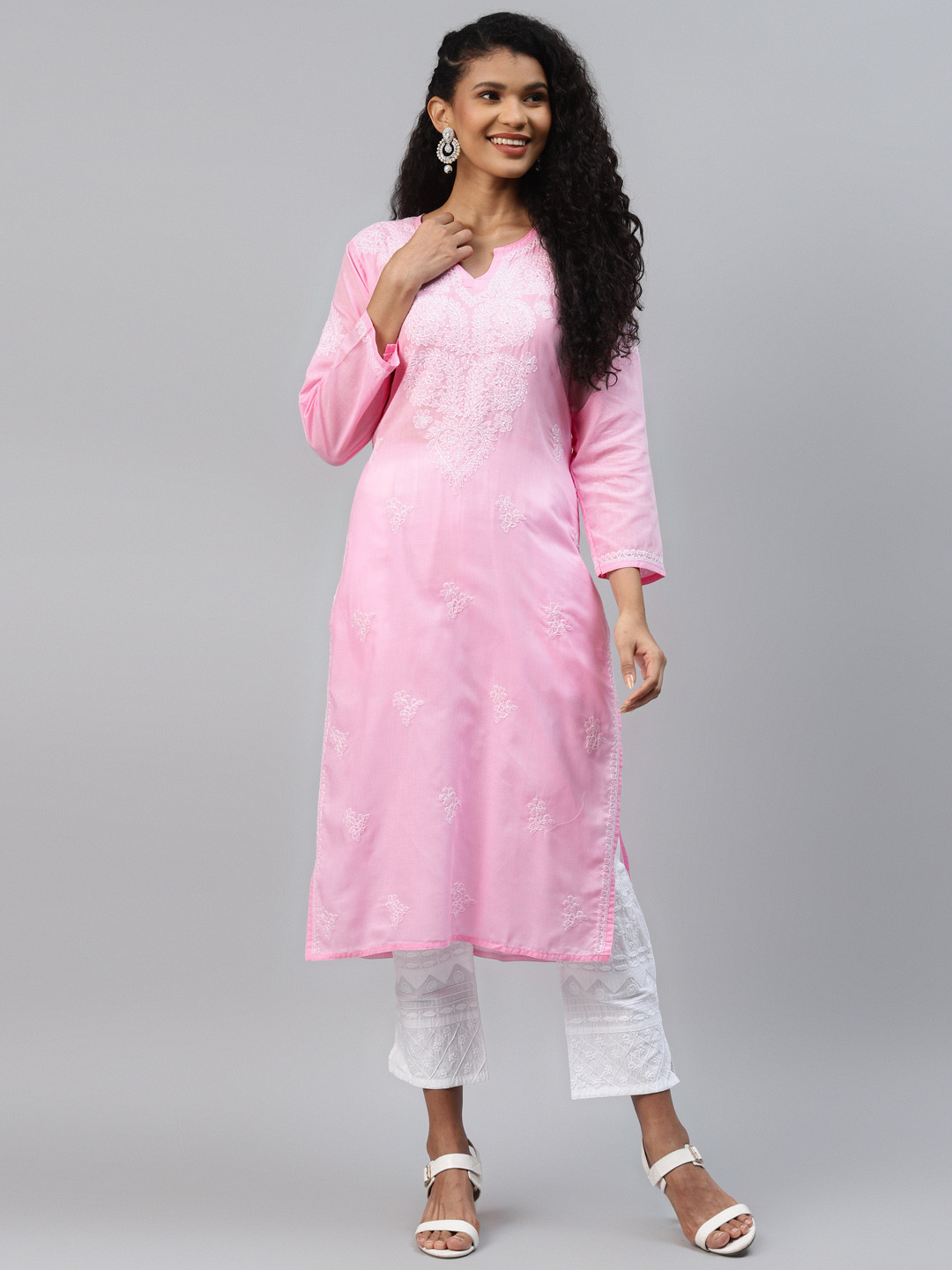 

ADA Women Pink Ethnic Motifs Chikankari Hand Embroidered Straight Handloom Kurta