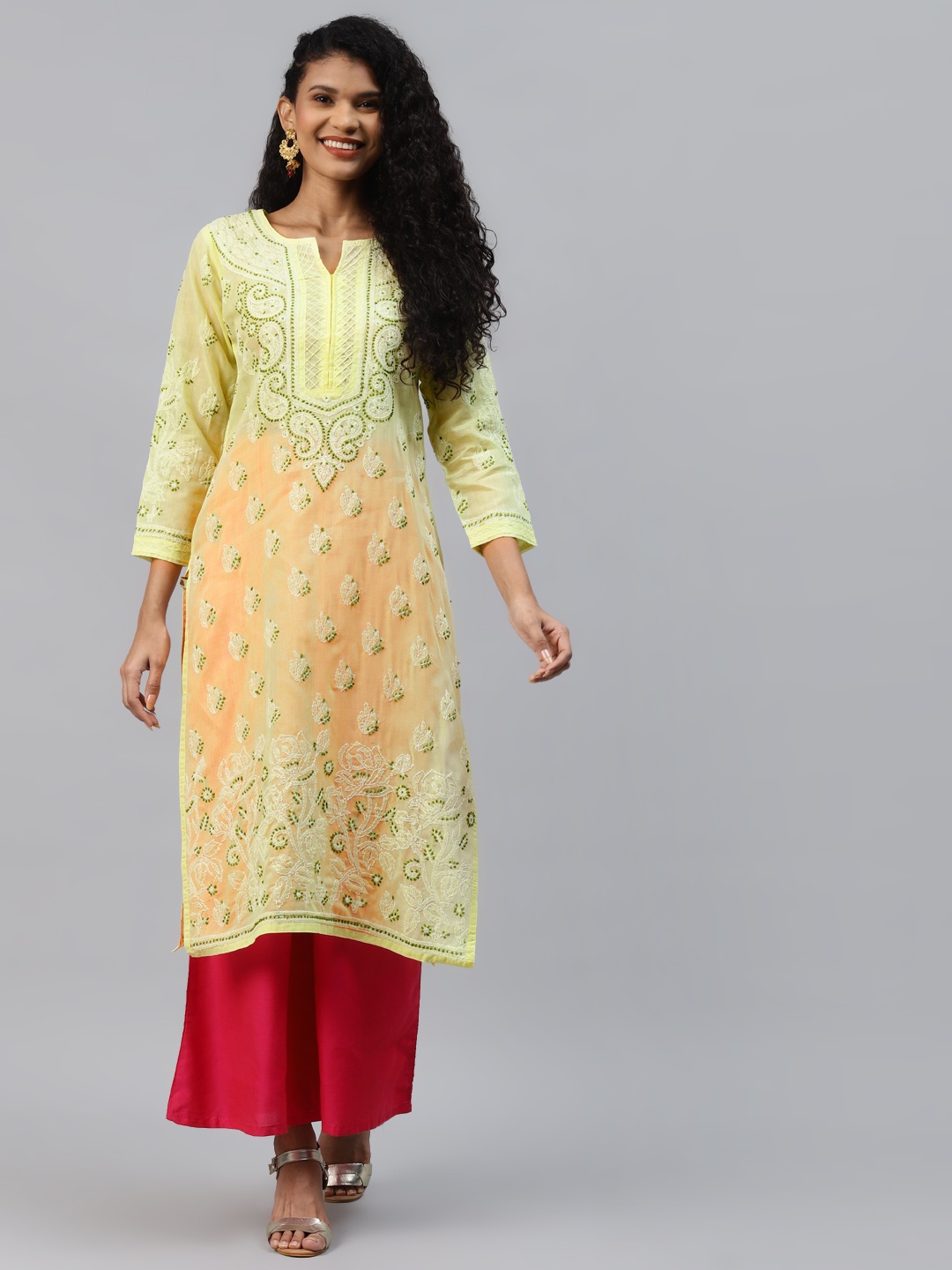

ADA Women Yellow & Green Paisley Hand Embroidered Chikankari Handloom Kurta