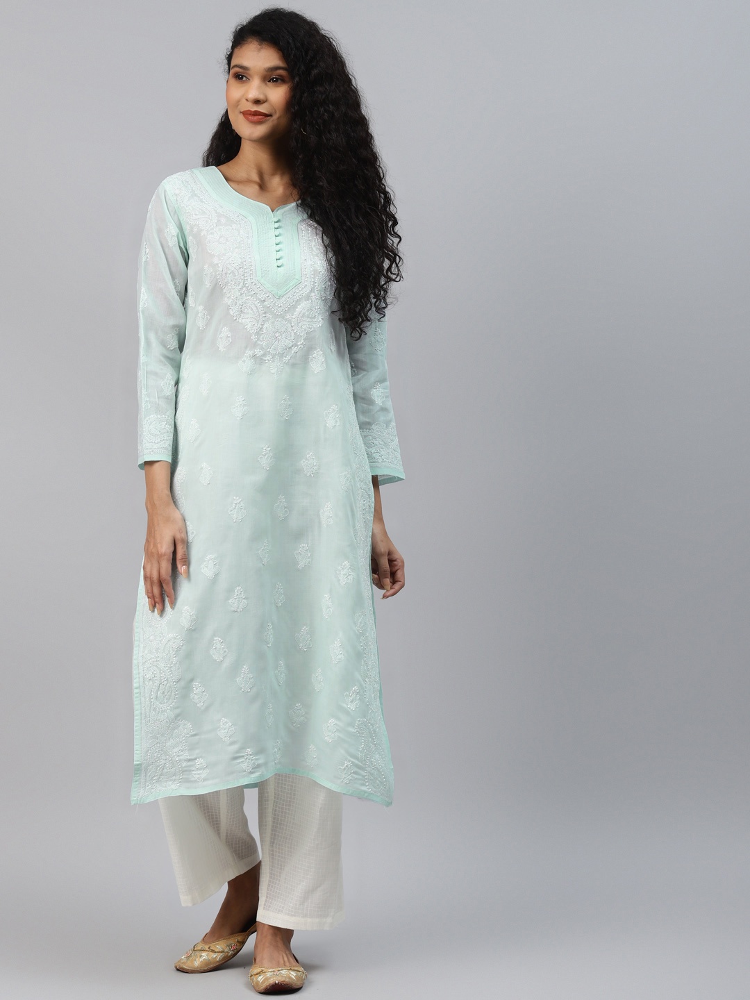 

ADA Women Sea Green Ethnic Motifs Hand Embroidered Chikankari Pastels Handloom Kurta