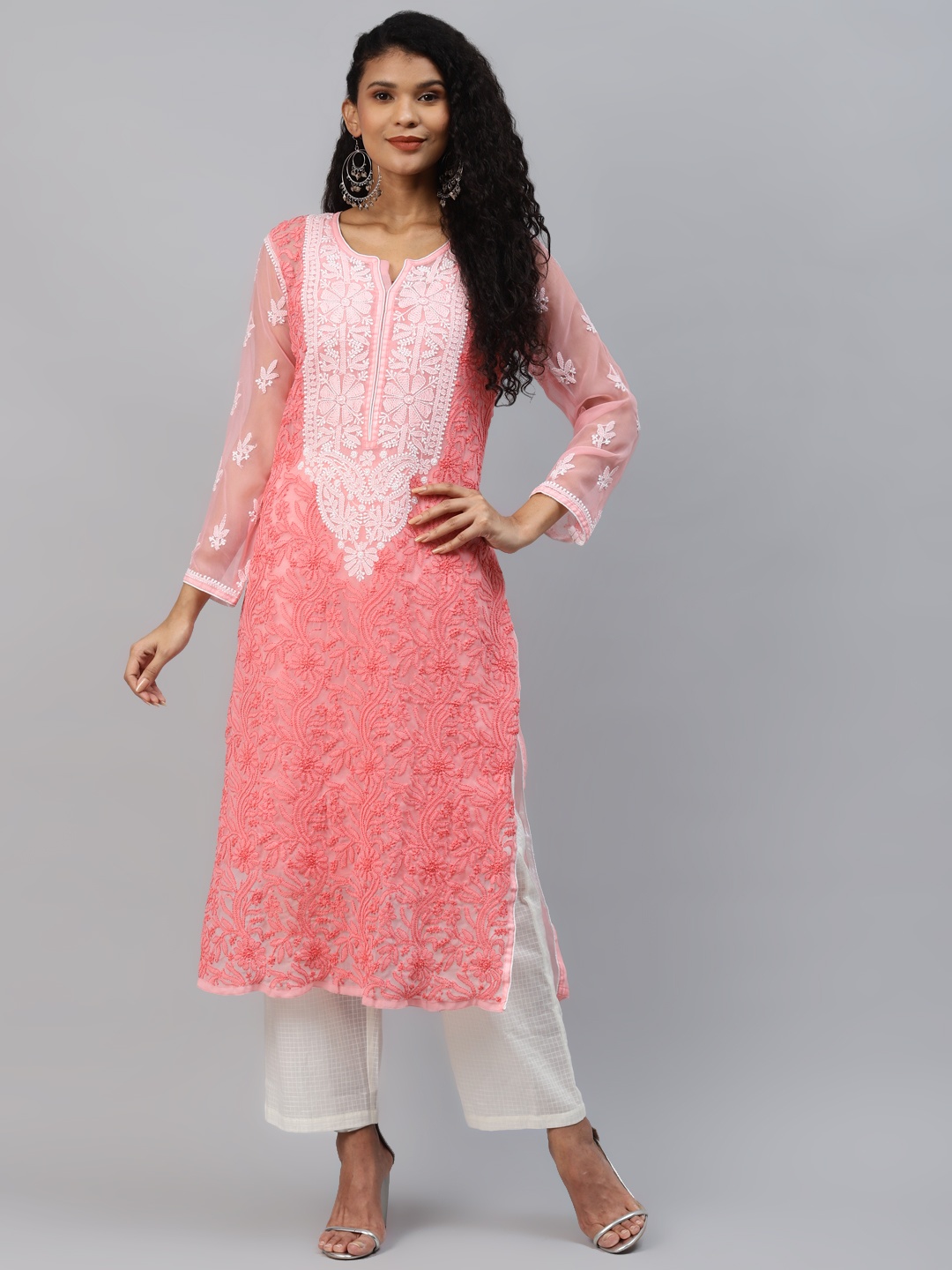 

ADA Women Peach & White Ethnic Motifs Hand Embroidered Chikankari Handloom Kurta & Matching slip