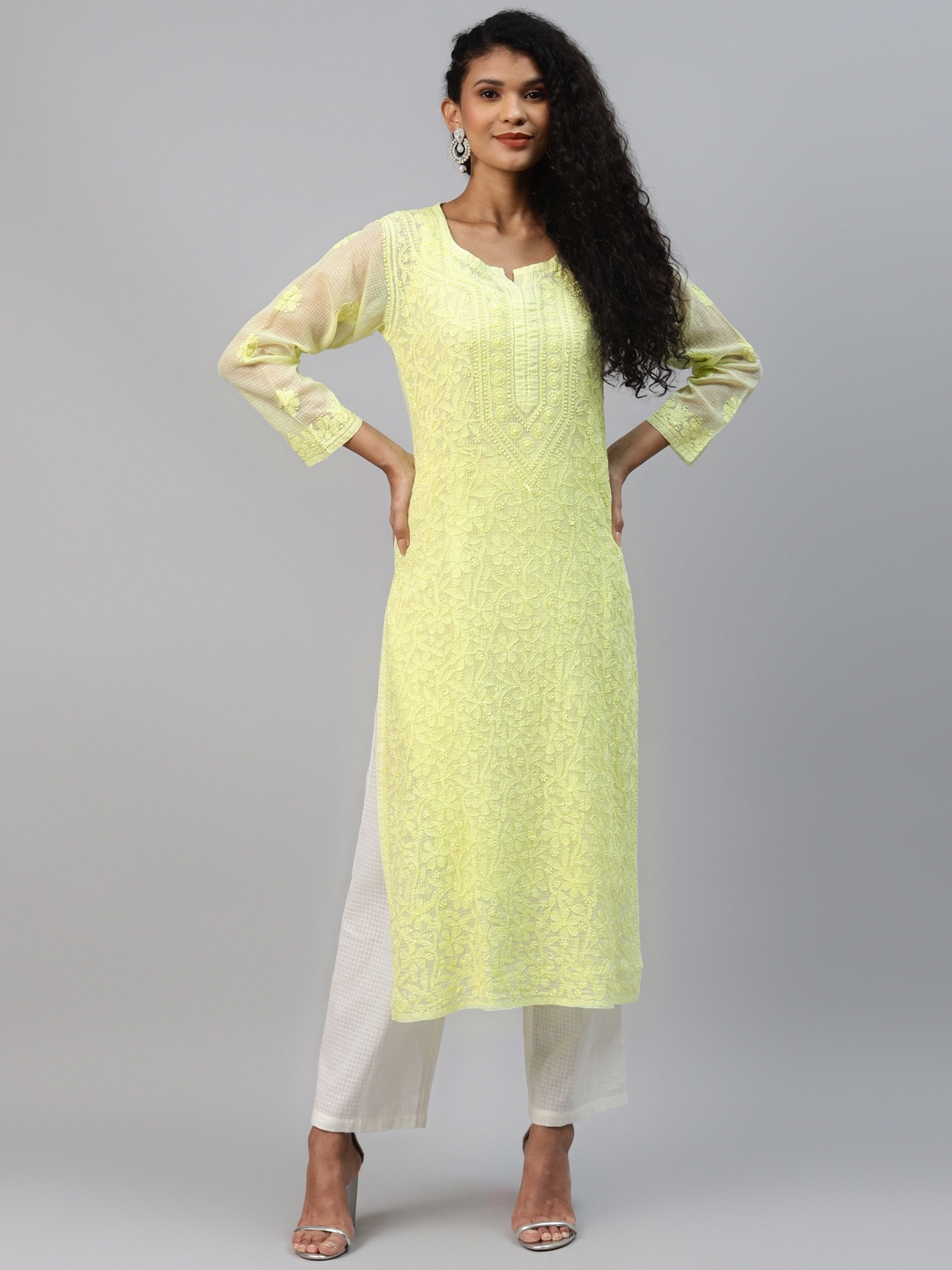 

ADA Women Lime Green Ethnic Motifs Hand Embroidered Chikankari Kota Handloom Kurta & Matching slip