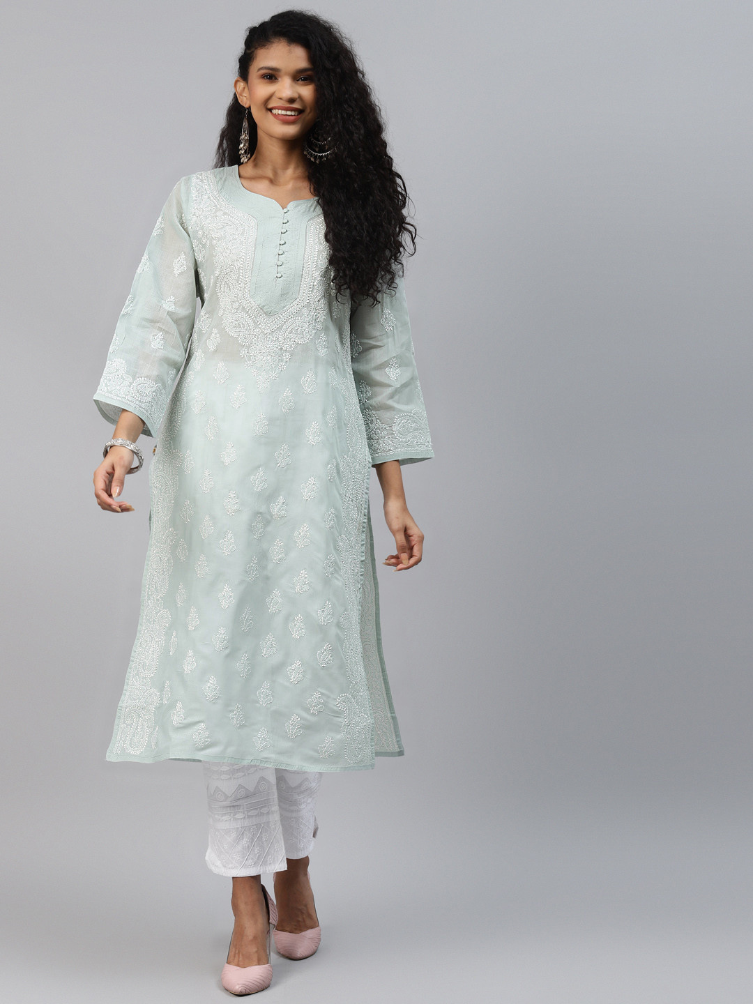 

ADA Women Grey & White Ethnic Motifs Hand Embroidered Chikankari Pastels Handloom Kurta