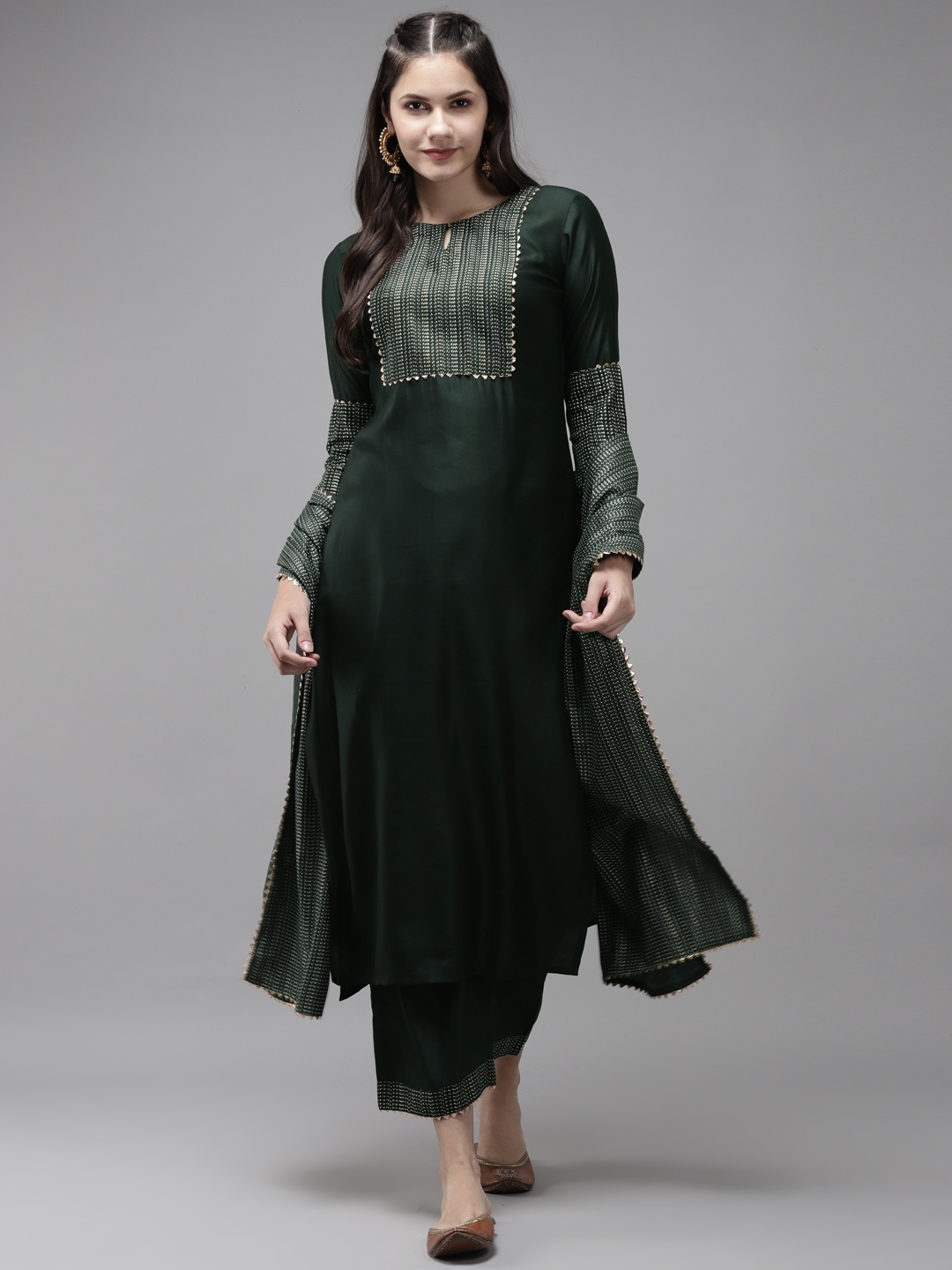 

Indo Era Women Green & Golden Yoke Design Kurta with Trousers & With Dupatta
