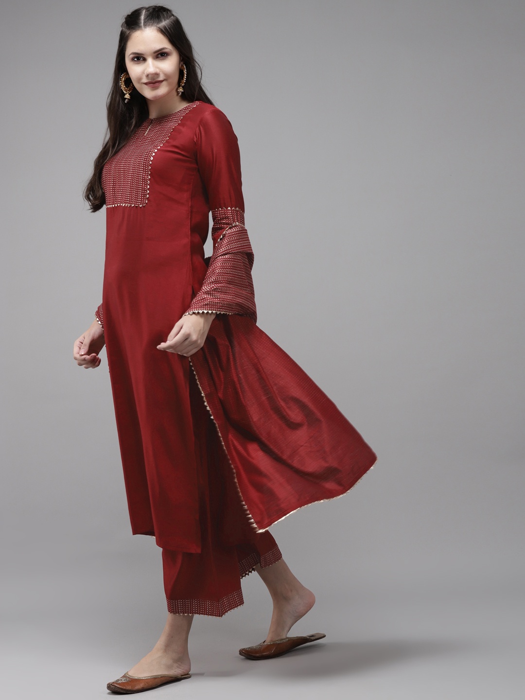 

Indo Era Women Maroon Yoke Design Gotta Patti Kurta with Trousers & With Dupatta