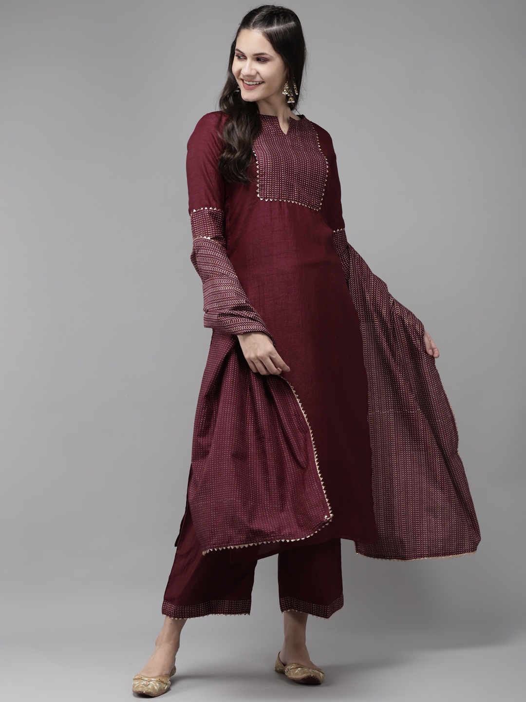 

Indo Era Women Burgundy & Golden Yoke Design Kurta with Trousers & With Dupatta