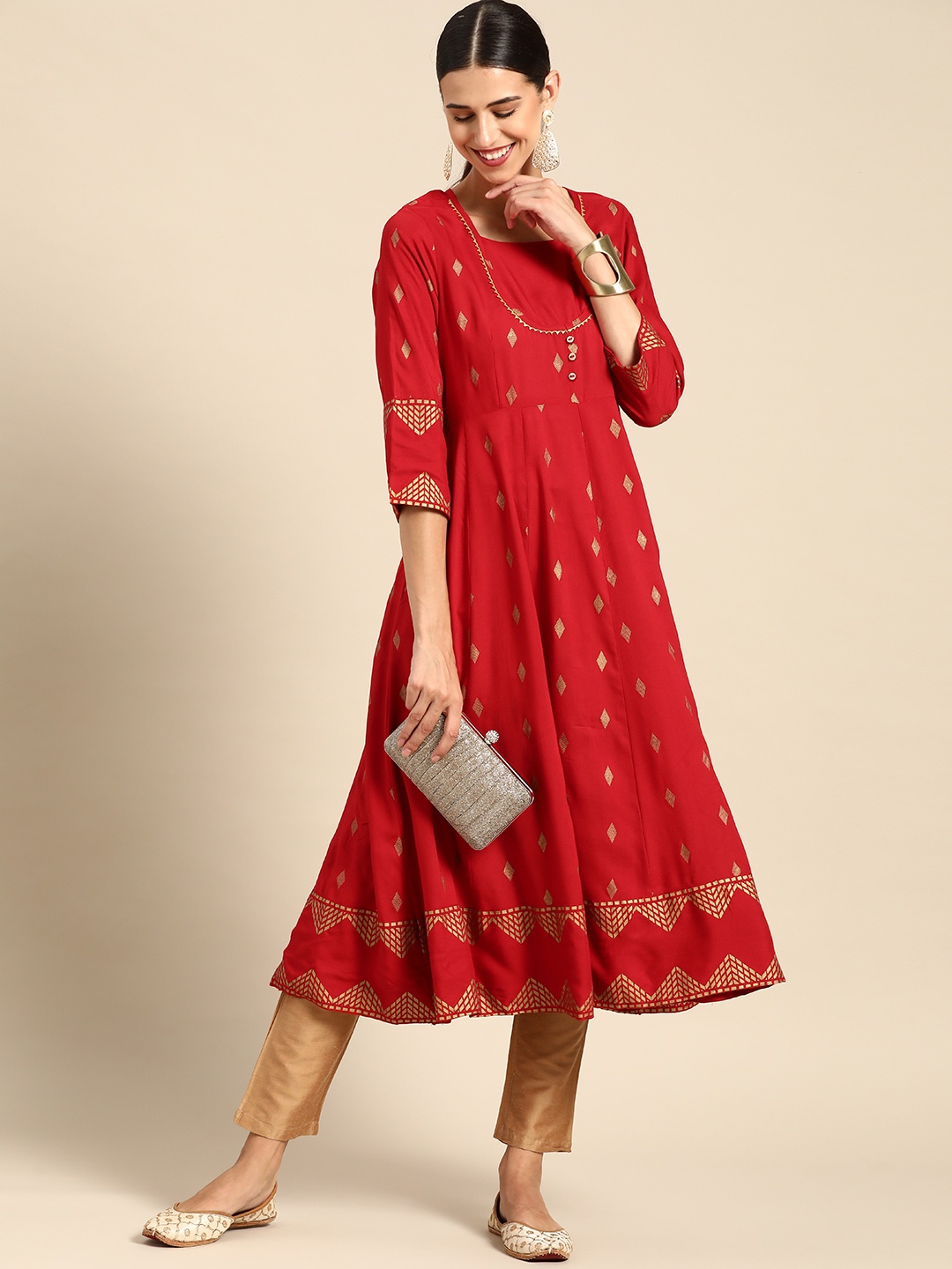 

Anouk Women Red & Golden Geometric Printed Kurta