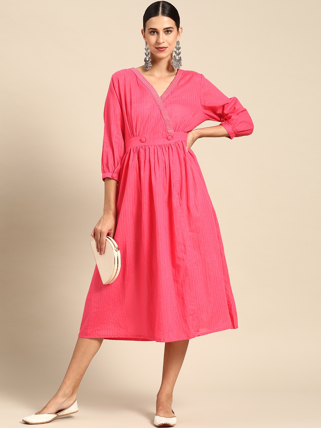 

Anouk Pink & Golden Pure Cotton Striped Ethnic Midi Dress