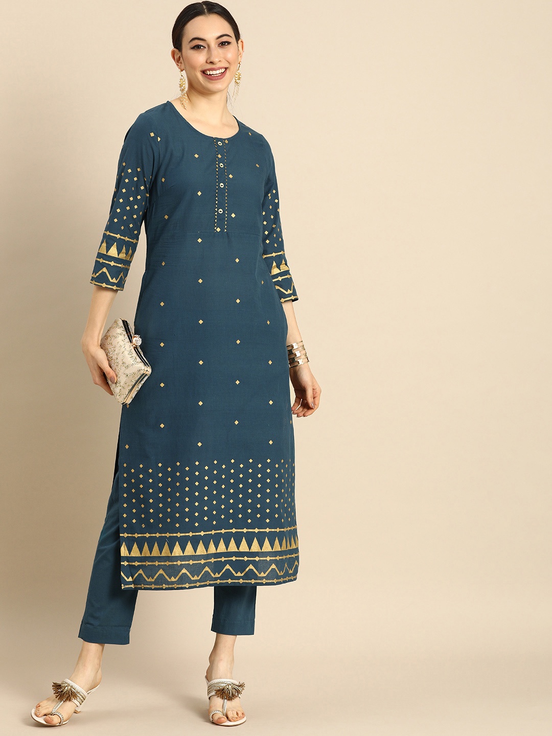 

Anouk Women Blue Printed Pure Cotton Kurta with Trousers