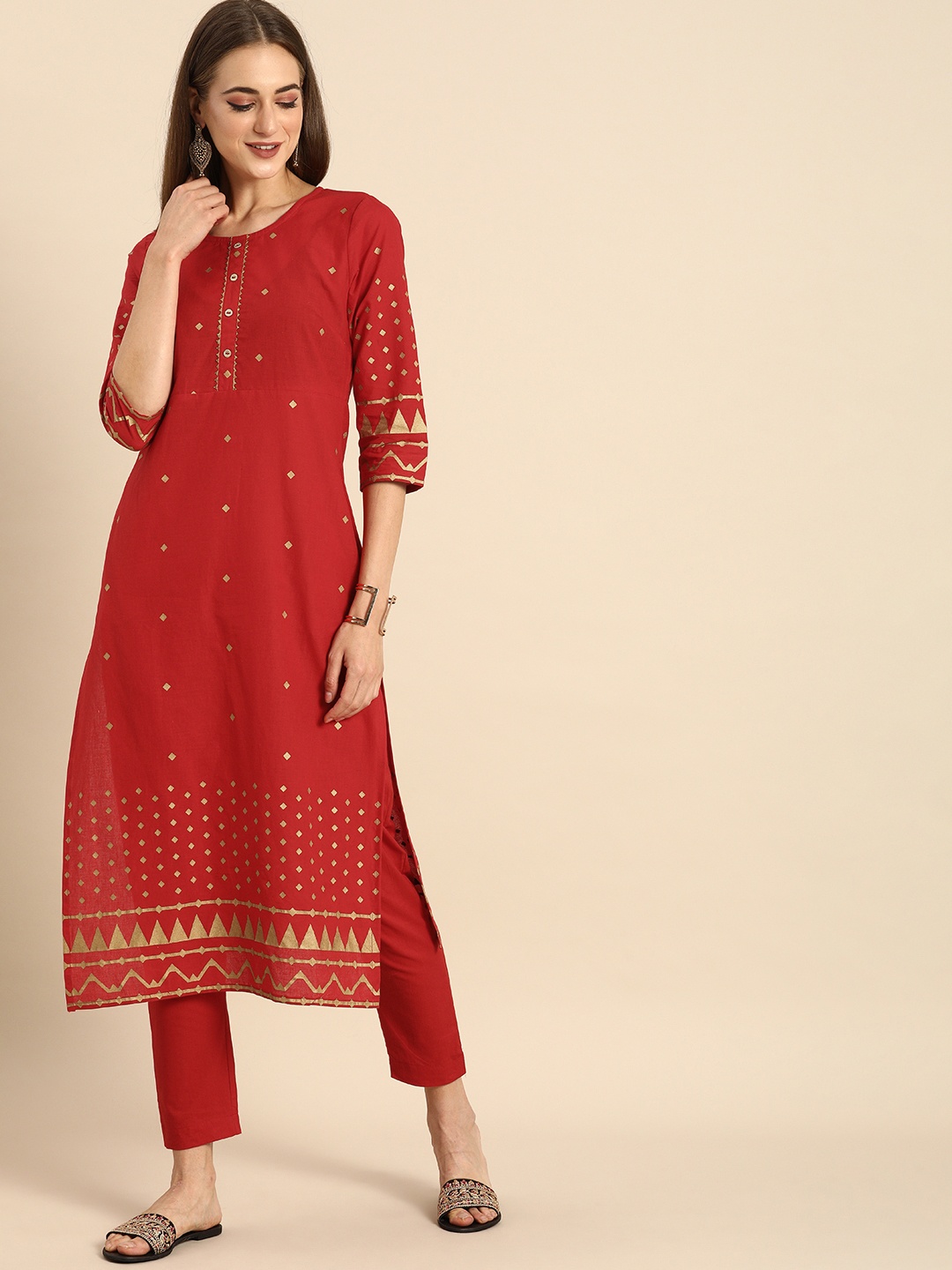 

Anouk Women Red Printed Pure Cotton Kurta with Trousers