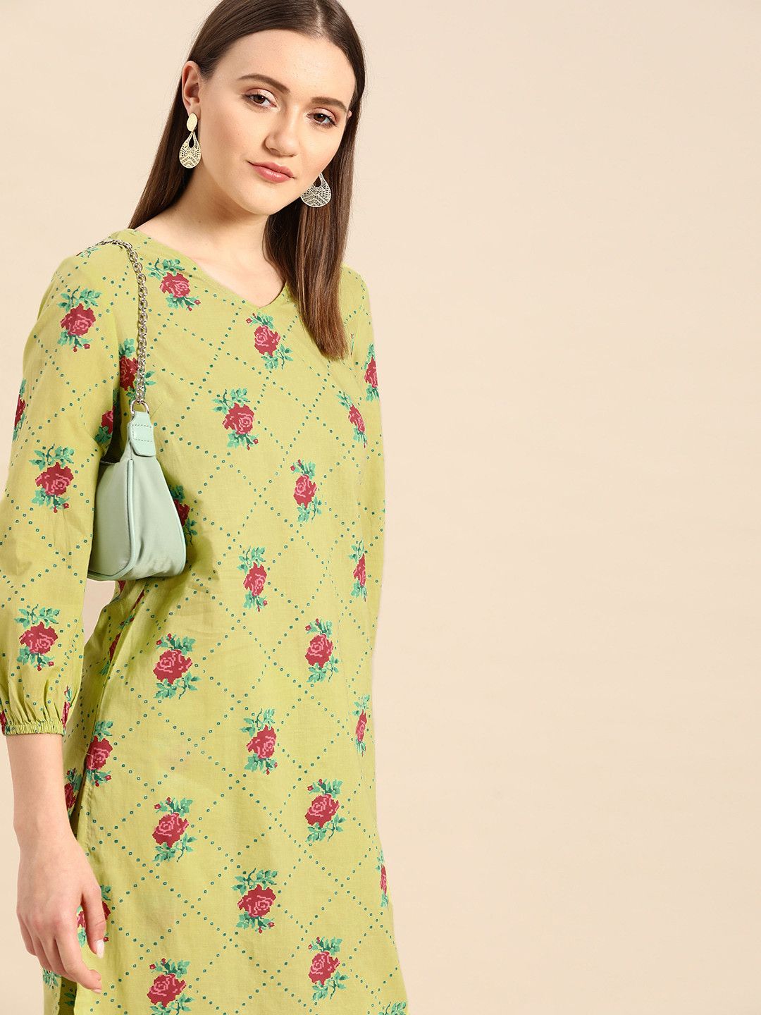 

Anouk Women Lime Green & Red Floral Printed Regular Pure Cotton Kurta with Trousers