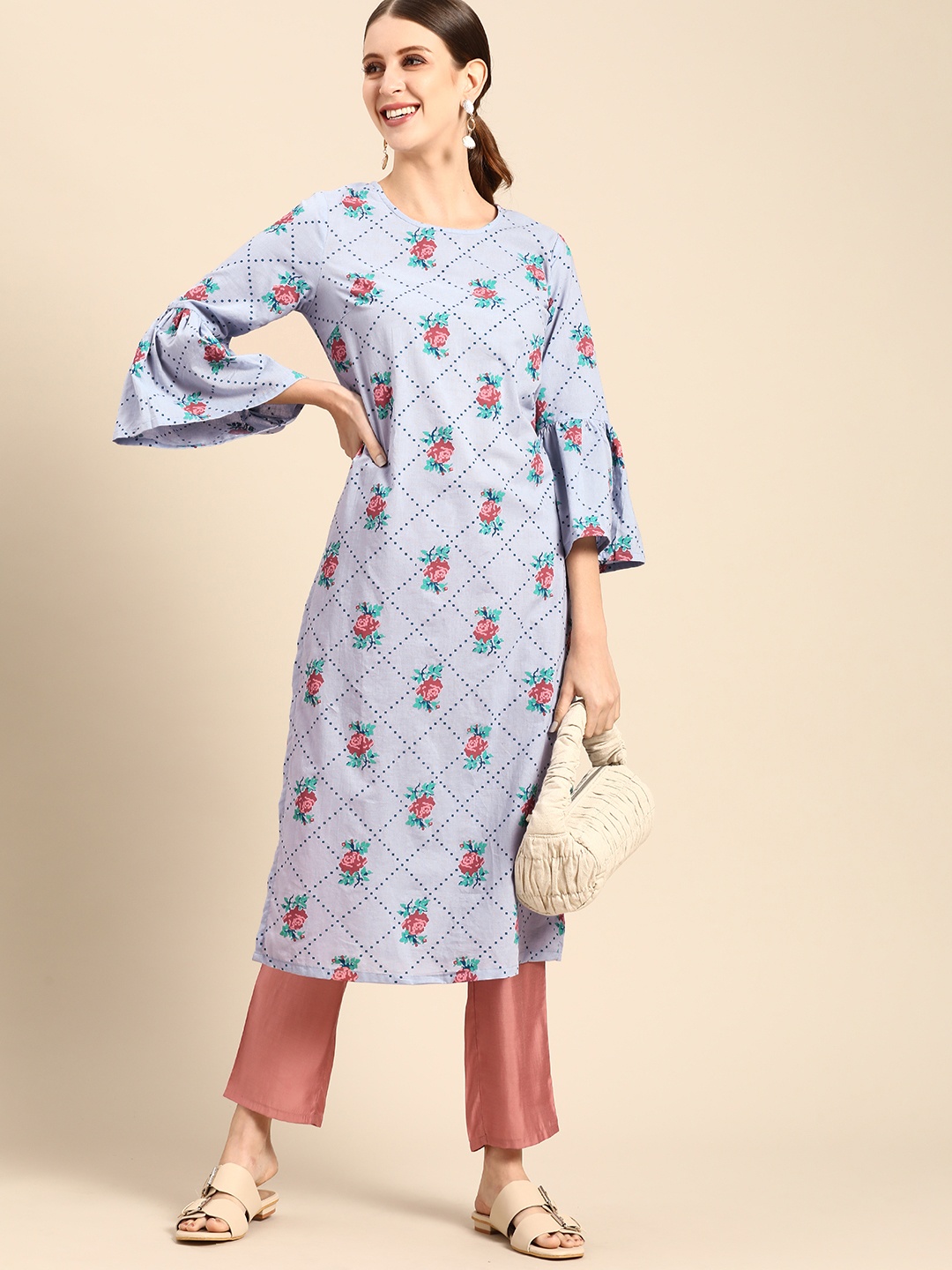

Anouk Women Blue & Red Floral Printed Pure Cotton Bell Sleeves Kurta