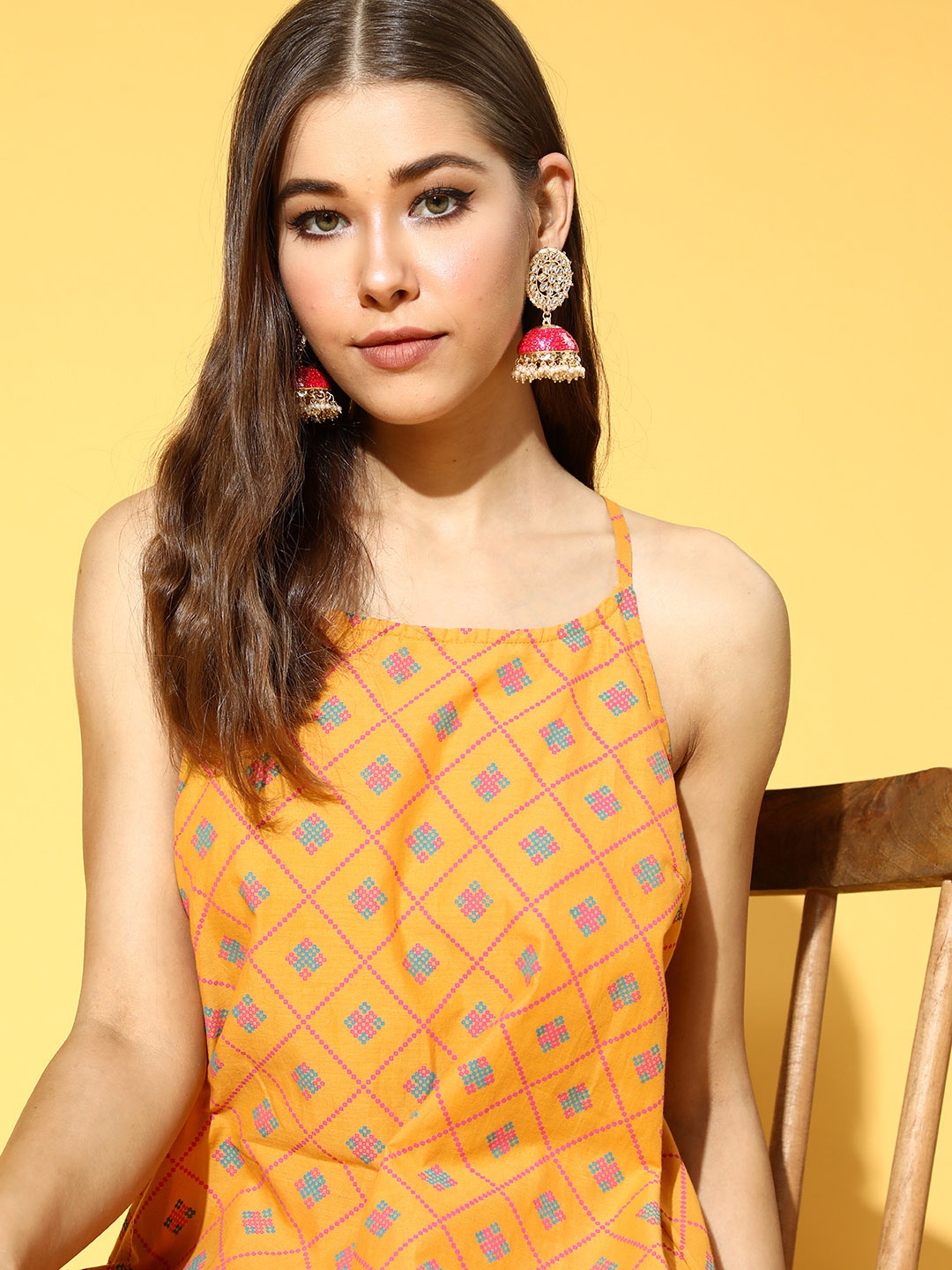

Anouk Women Mustard Yellow & Pink Ethnic Motifs Print Cotton Straight Kurta