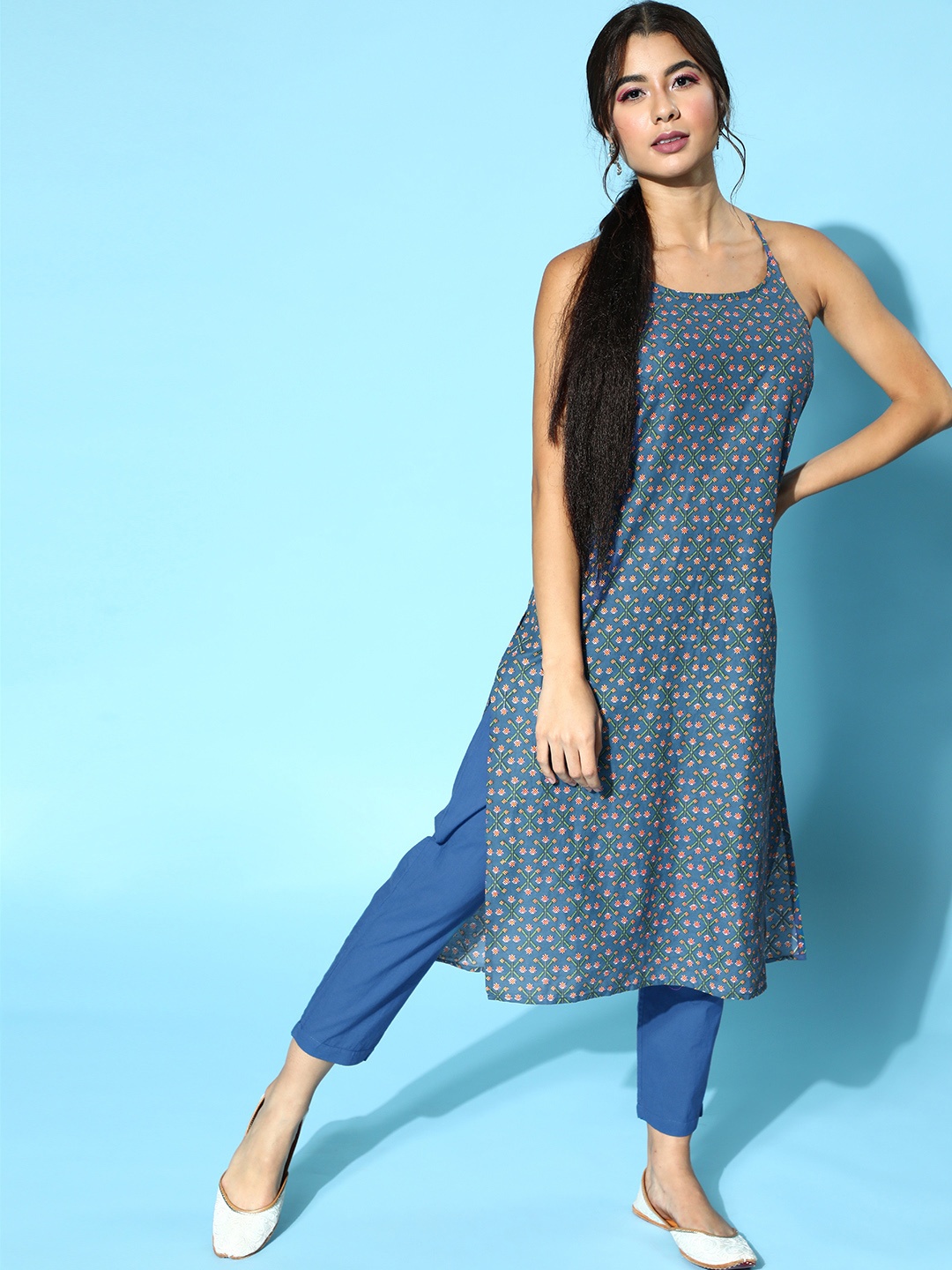 

Anouk Women Blue & Pink Pure Cotton Ethnic Motifs Printed Straight Kurta