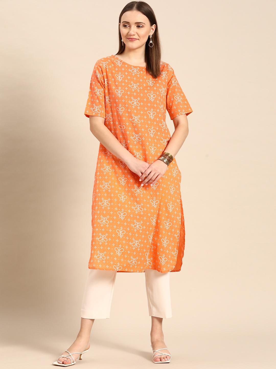 

Anouk Women Orange & White Geometric Printed Cotton Kurta