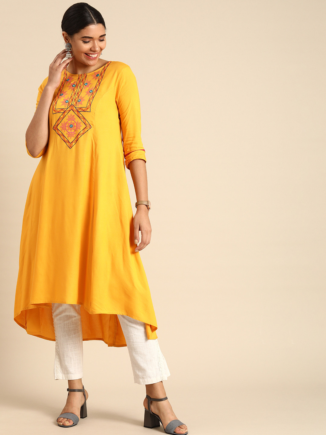 

Anouk Women Yellow & Pink Embroidered Mirror Work High-Low Hem A-Line Kurta