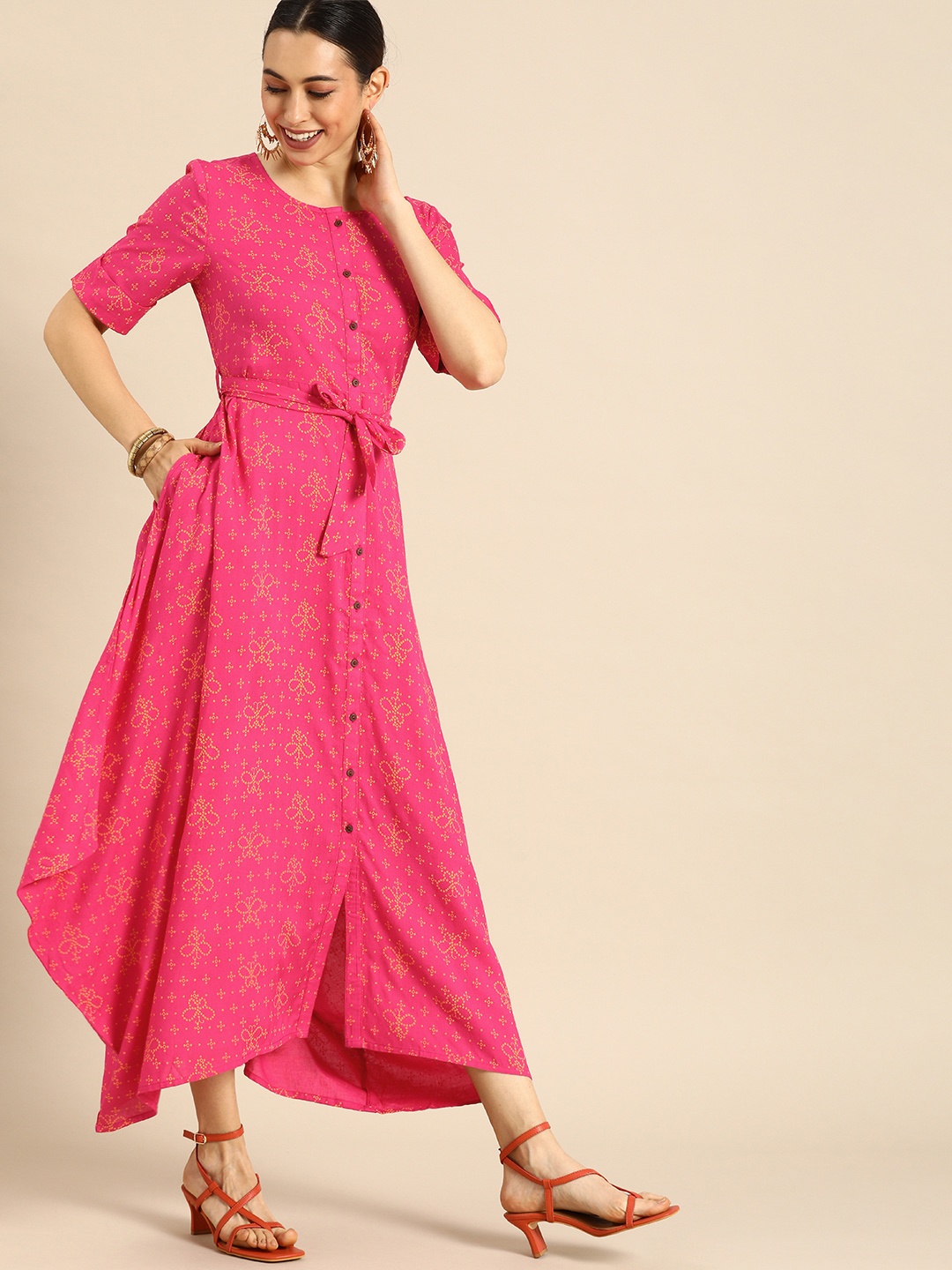 

Anouk Pink & Yellow Bandhani Printed Maxi Dress