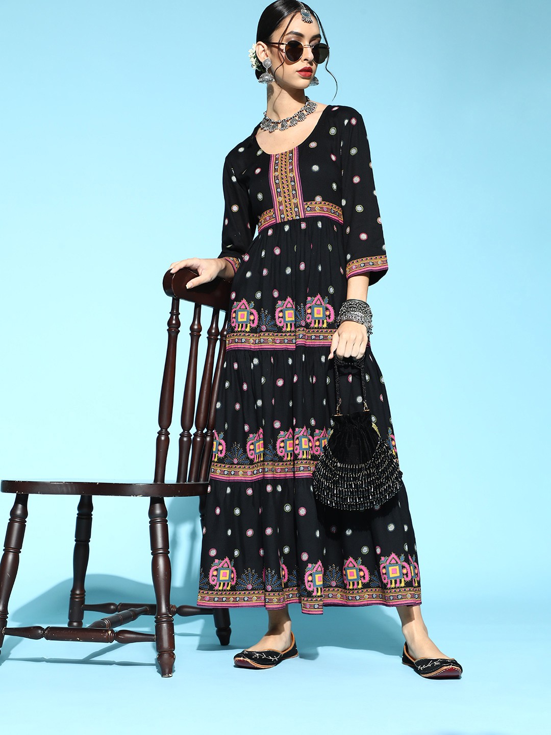 

Anouk Women Black Ethnic Motifs Tiered Dress