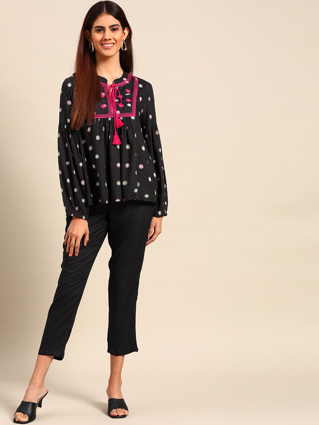 

Anouk Women Black & White Motifs Embroidered Regular Cotton Top with Trousers