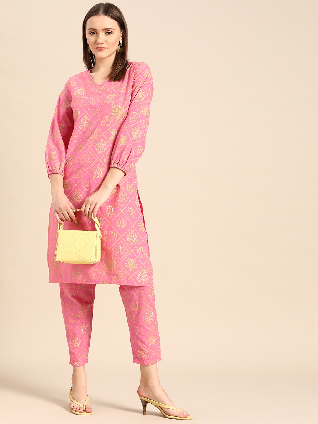 

Anouk Women Pink & Beige Printed Regular Pure Cotton Kurta with Trousers