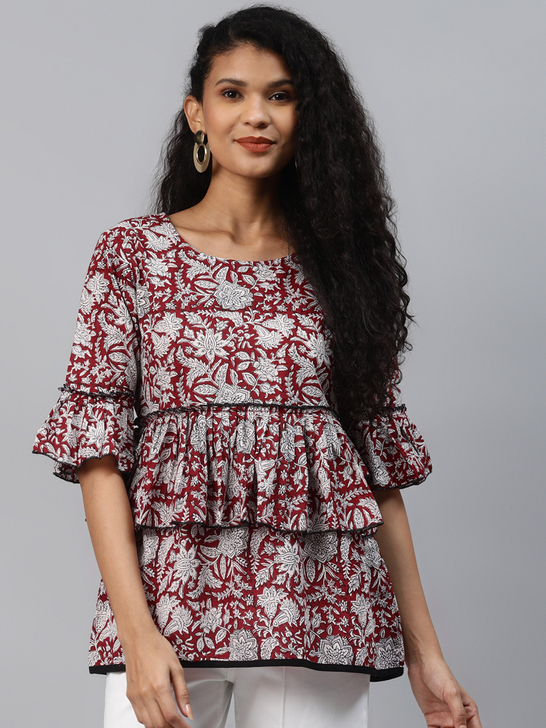 

Yufta Women Red & White Bell Sleeve Layered Handblock Ethnic Motifs Print Regular Top