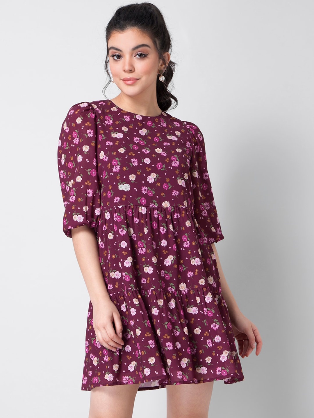 

FabAlley Burgundy Floral Crepe Dress