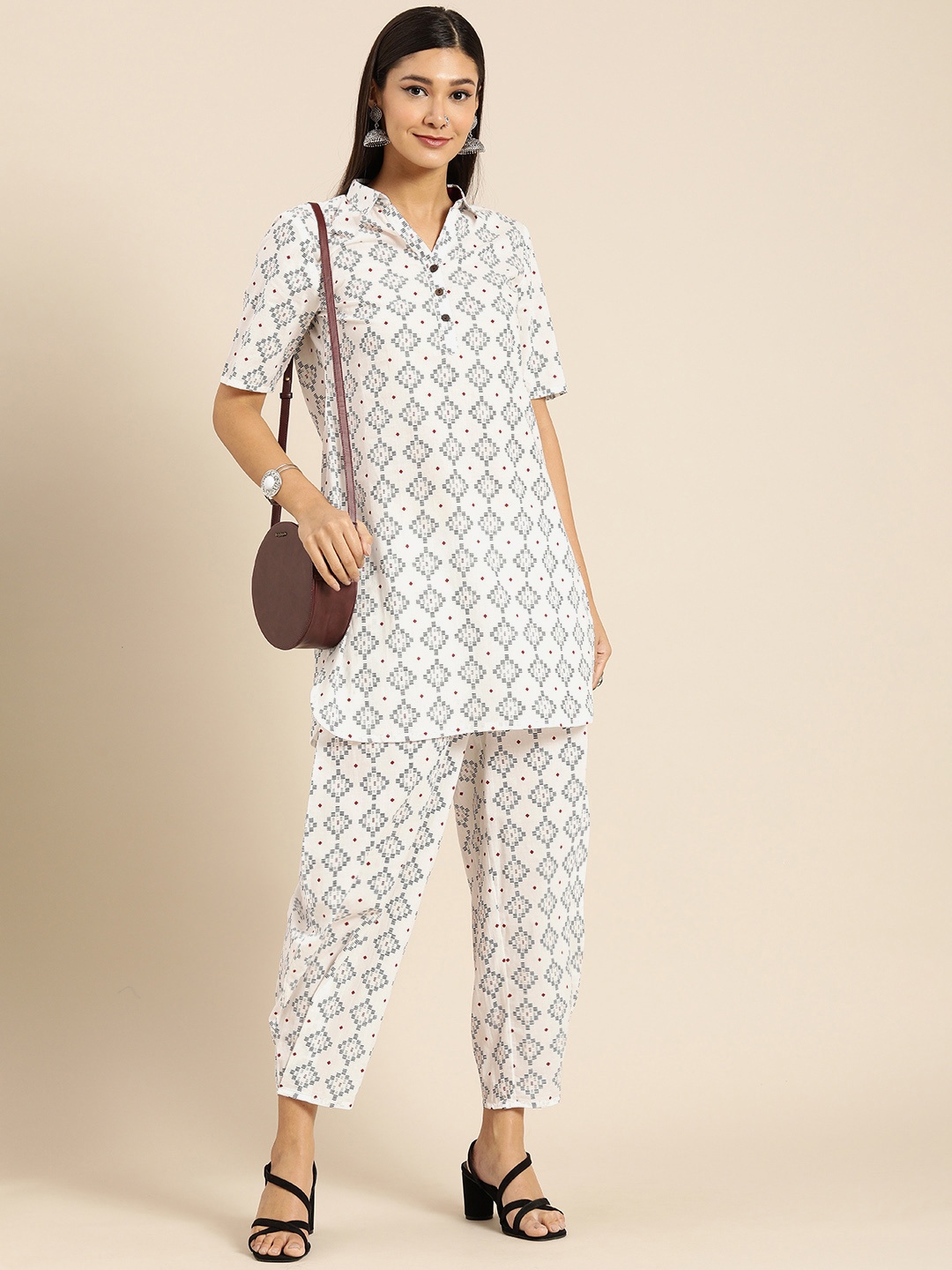 

Anouk Women Off White Printed Pure Cotton Kurti with Palazzos