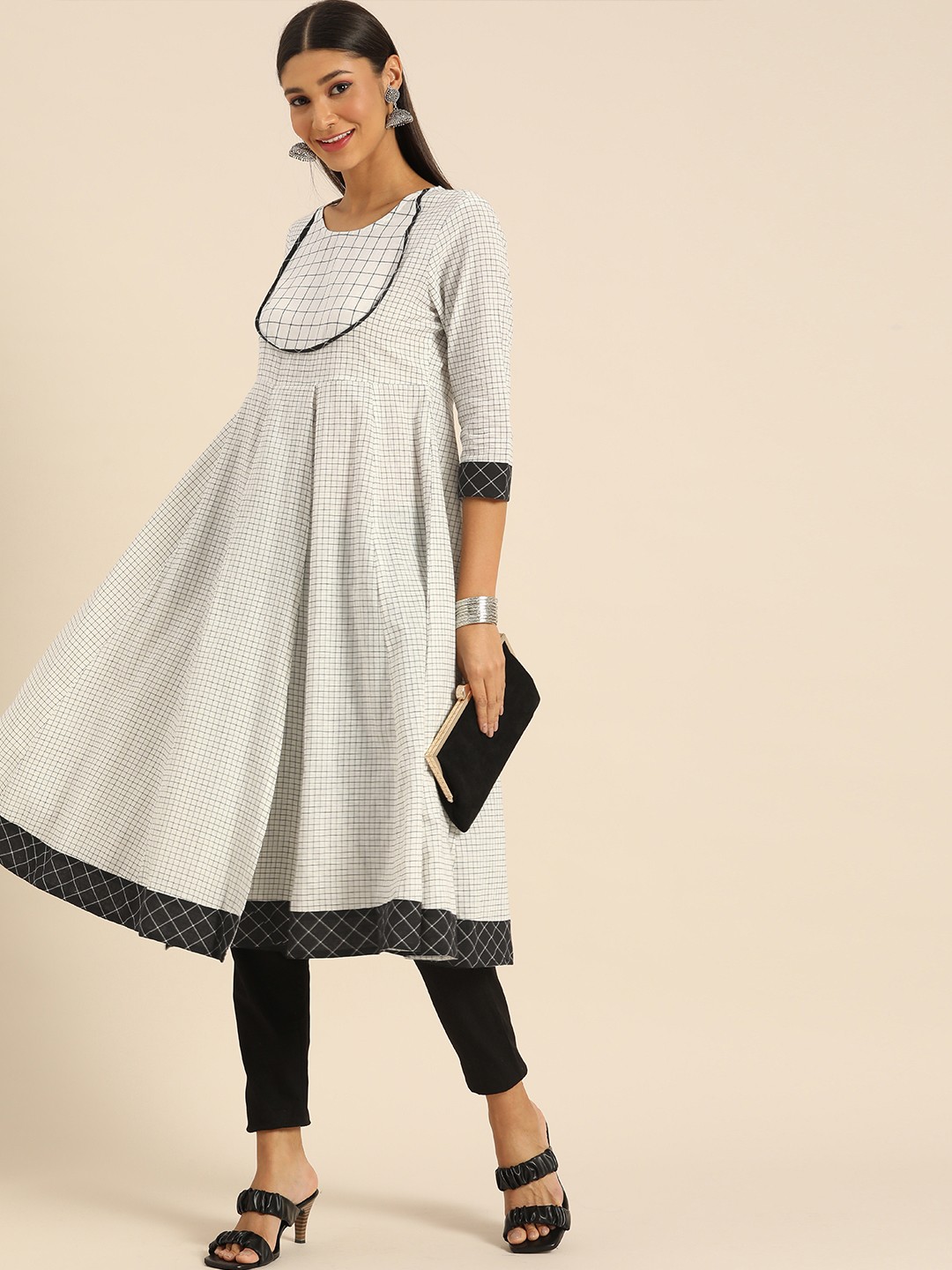 

Anouk Women White & Black Checked Kurta
