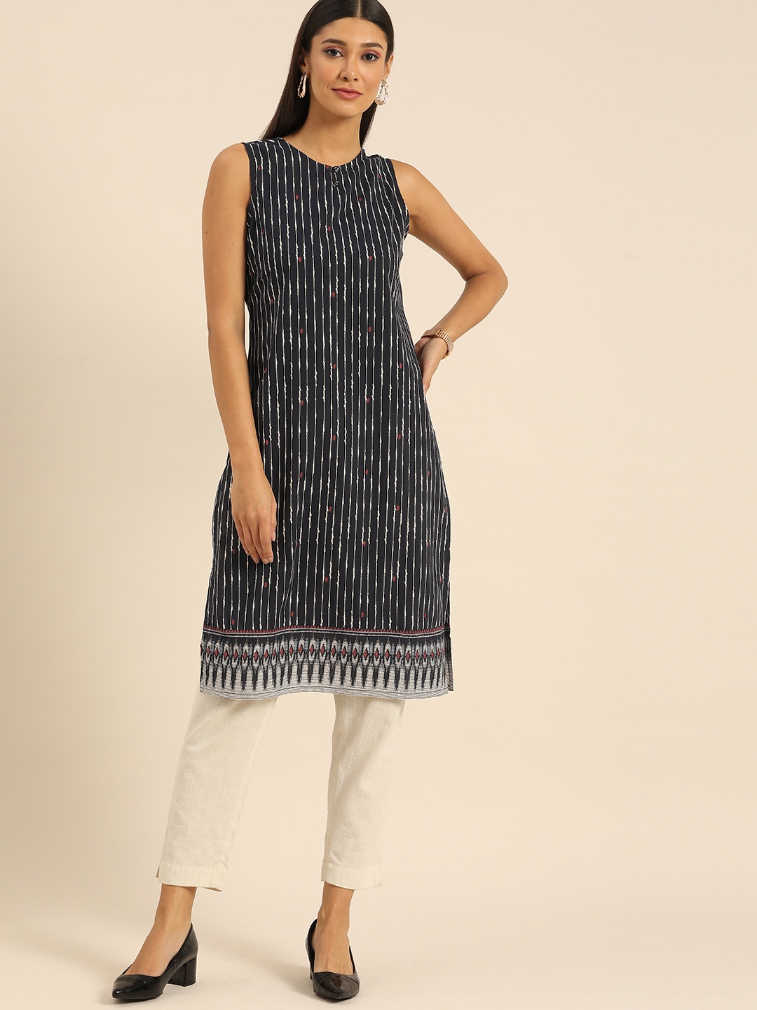 

Anouk Women Blue & White Striped Keyhole Neck Kurta, Navy blue