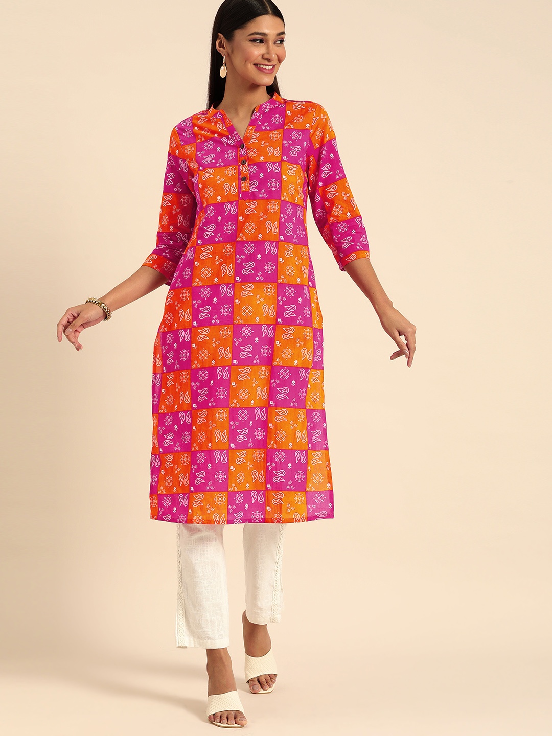 

Anouk Women Pink & Orange Colourblocked Kurta
