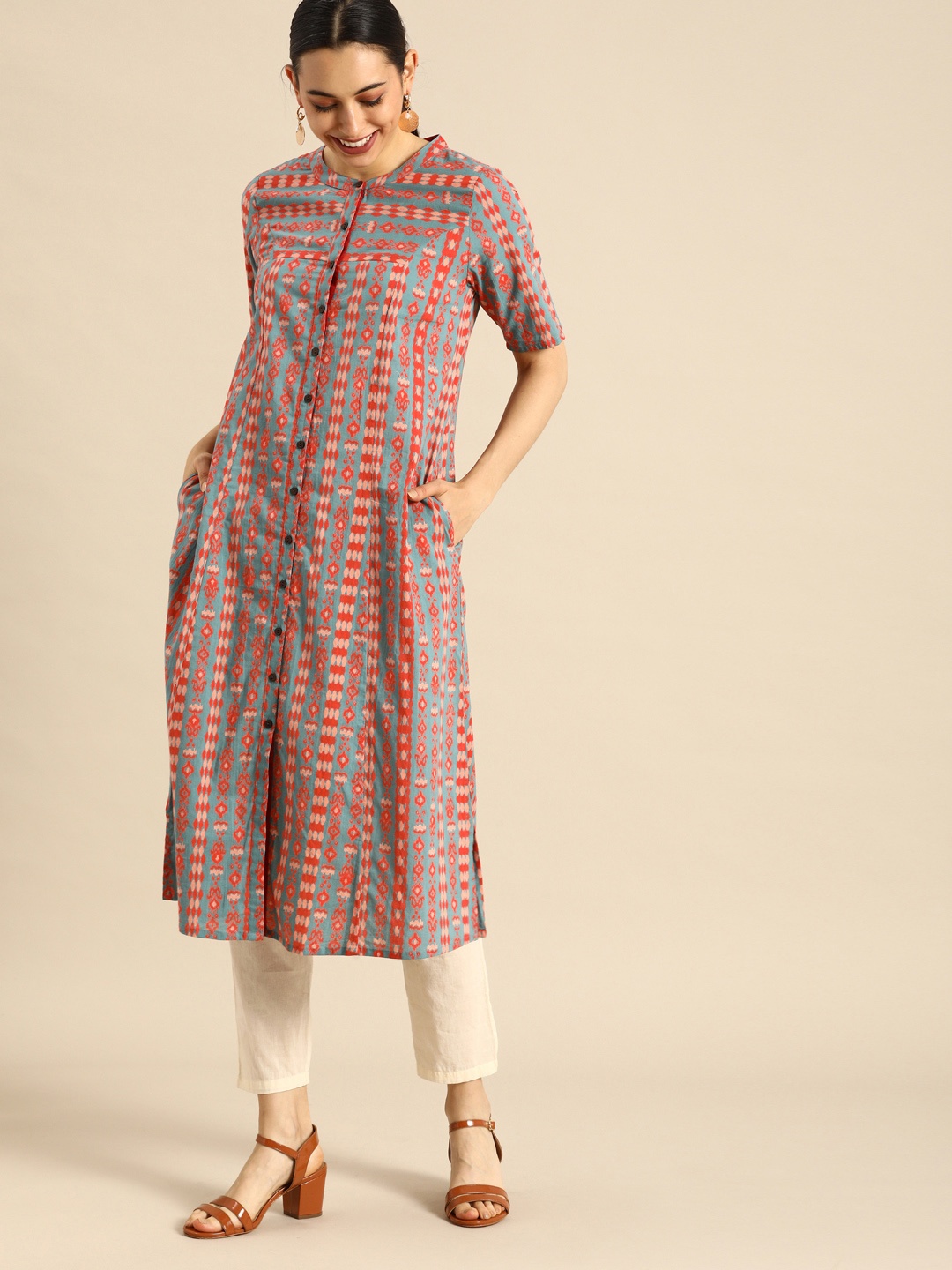 

Anouk Women Blue & Red Printed A-Line Panelled Kurta