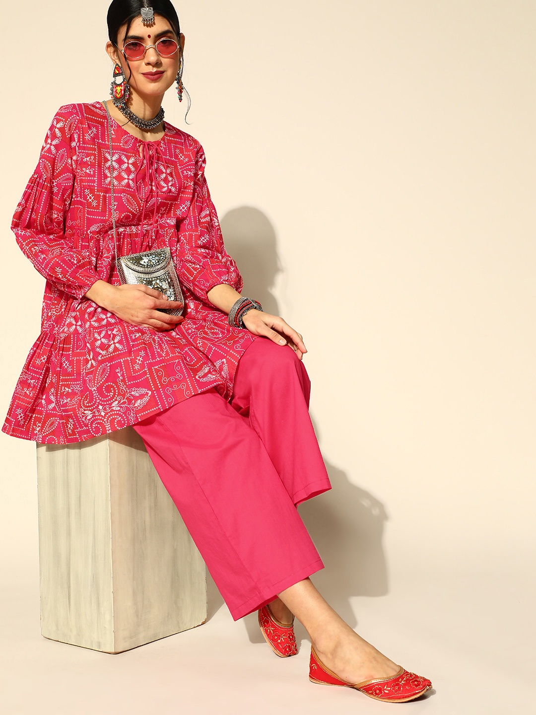 

Anouk Pink Printed Tie-Up Neck Pure Cotton Tunic with Trousers