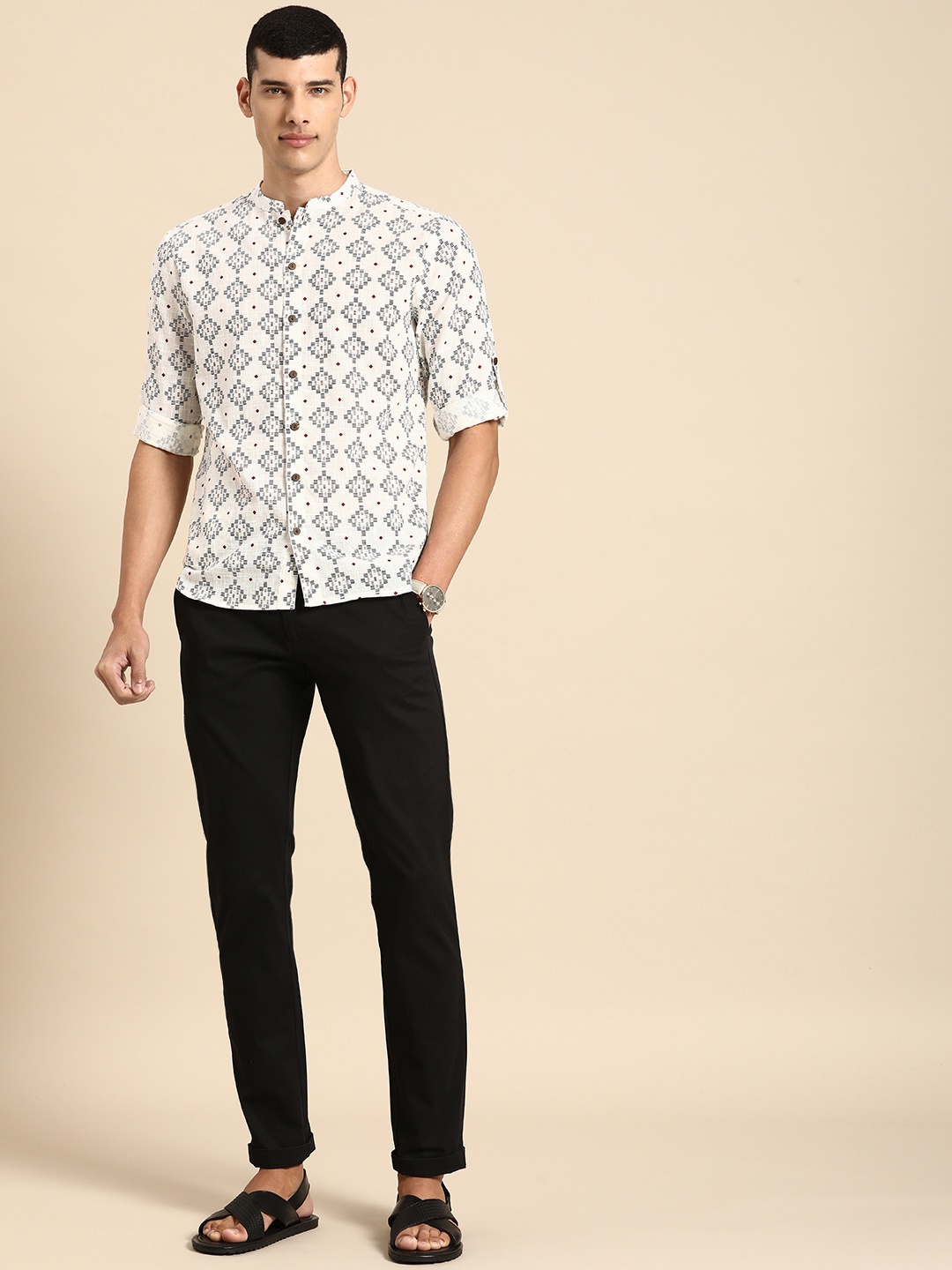 

Anouk Men White & Navy Blue Printed Casual Shirt