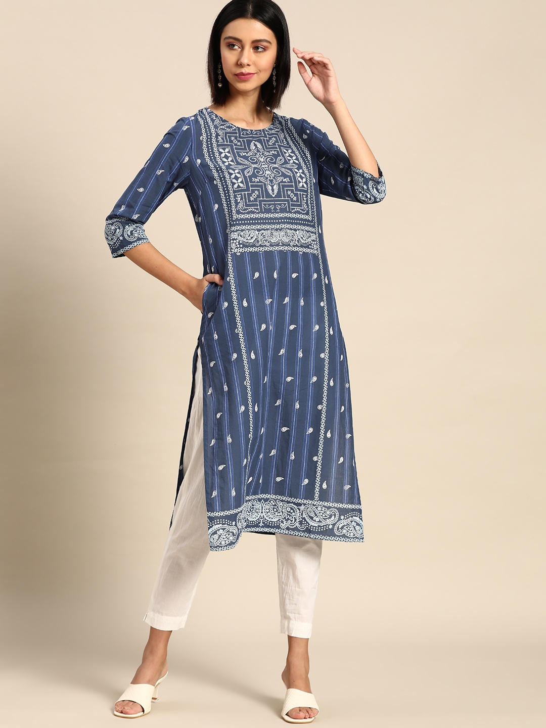 

Anouk Women Blue & Off White Pure Cotton Ethnic Motifs Print Kurta