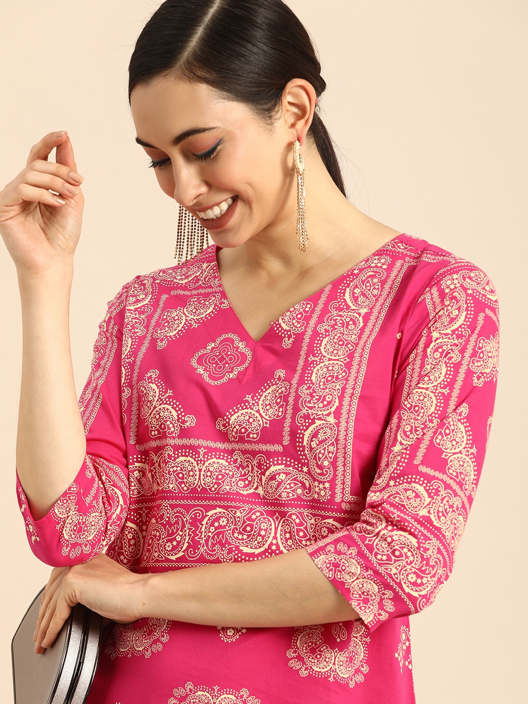 

Anouk Women Pink Ethnic Motifs Printed Regular Pure Cotton Kurta with Palazzos