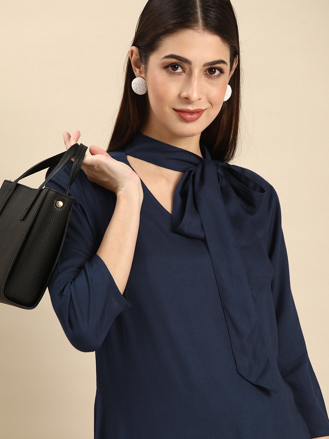 

Anouk Women Navy Blue Solid Kurta