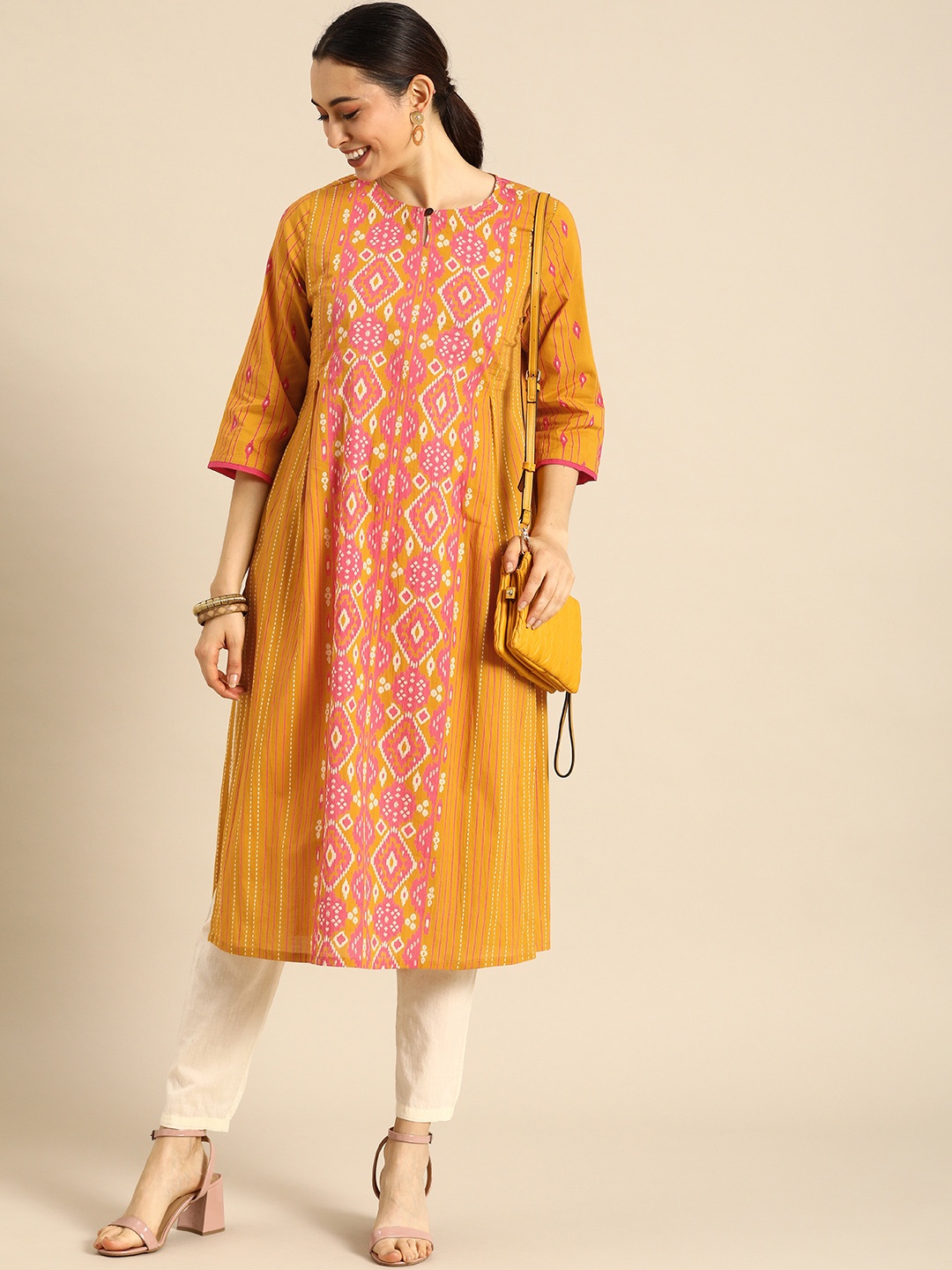 

Anouk Women Mustard Yellow & Pink Printed Keyhole Neck A-Line Kurta