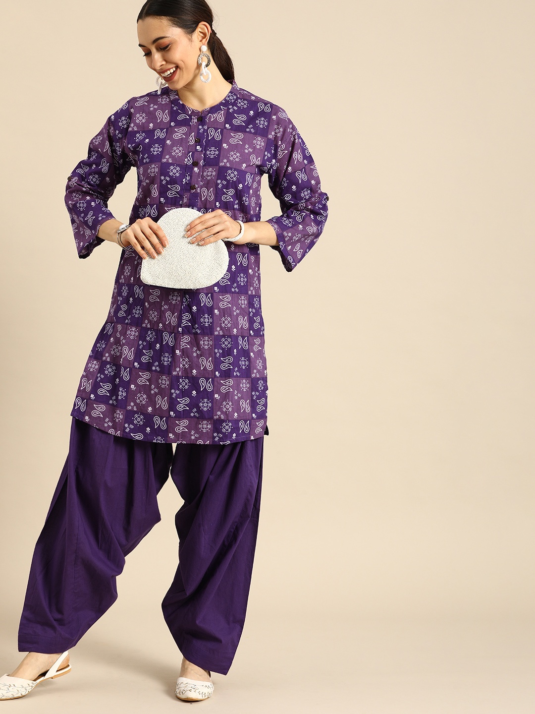

Anouk Women Purple Ethnic Motifs Printed Regular Pure Cotton Kurta with Patiala