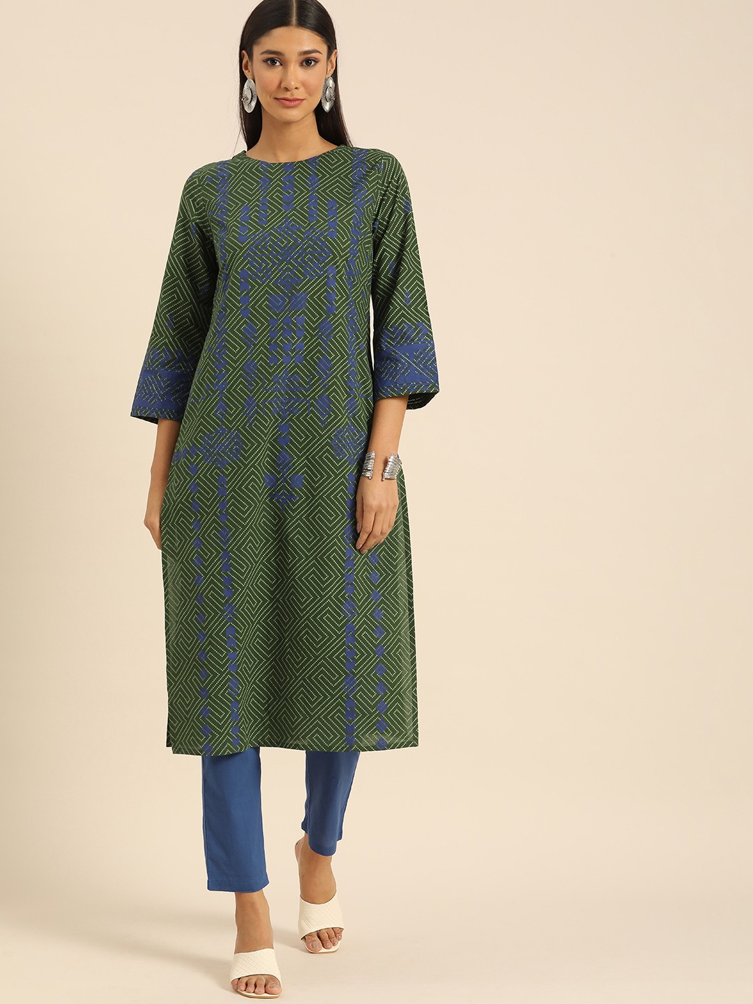 

Anouk Women Green Printed Pure Cotton Kurta with Trousers