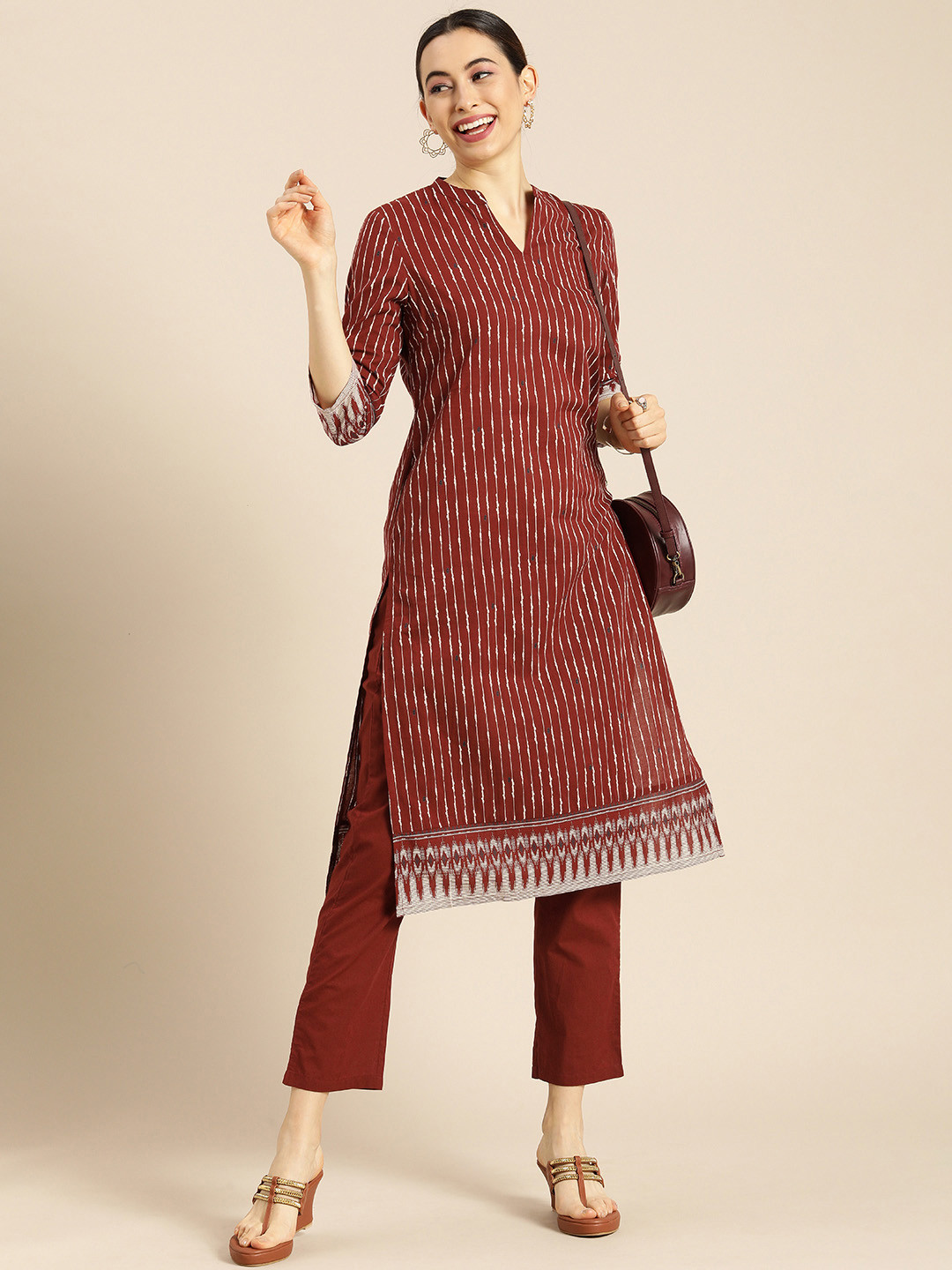 

Anouk Women Maroon Printed Regular Pure Cotton Kurta with Trousers
