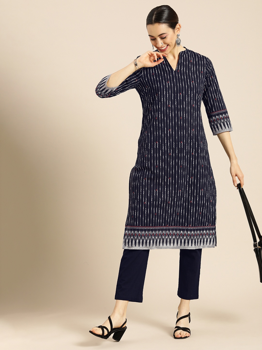 

Anouk Women Navy Blue Printed Regular Pure Cotton Kurta with Trousers