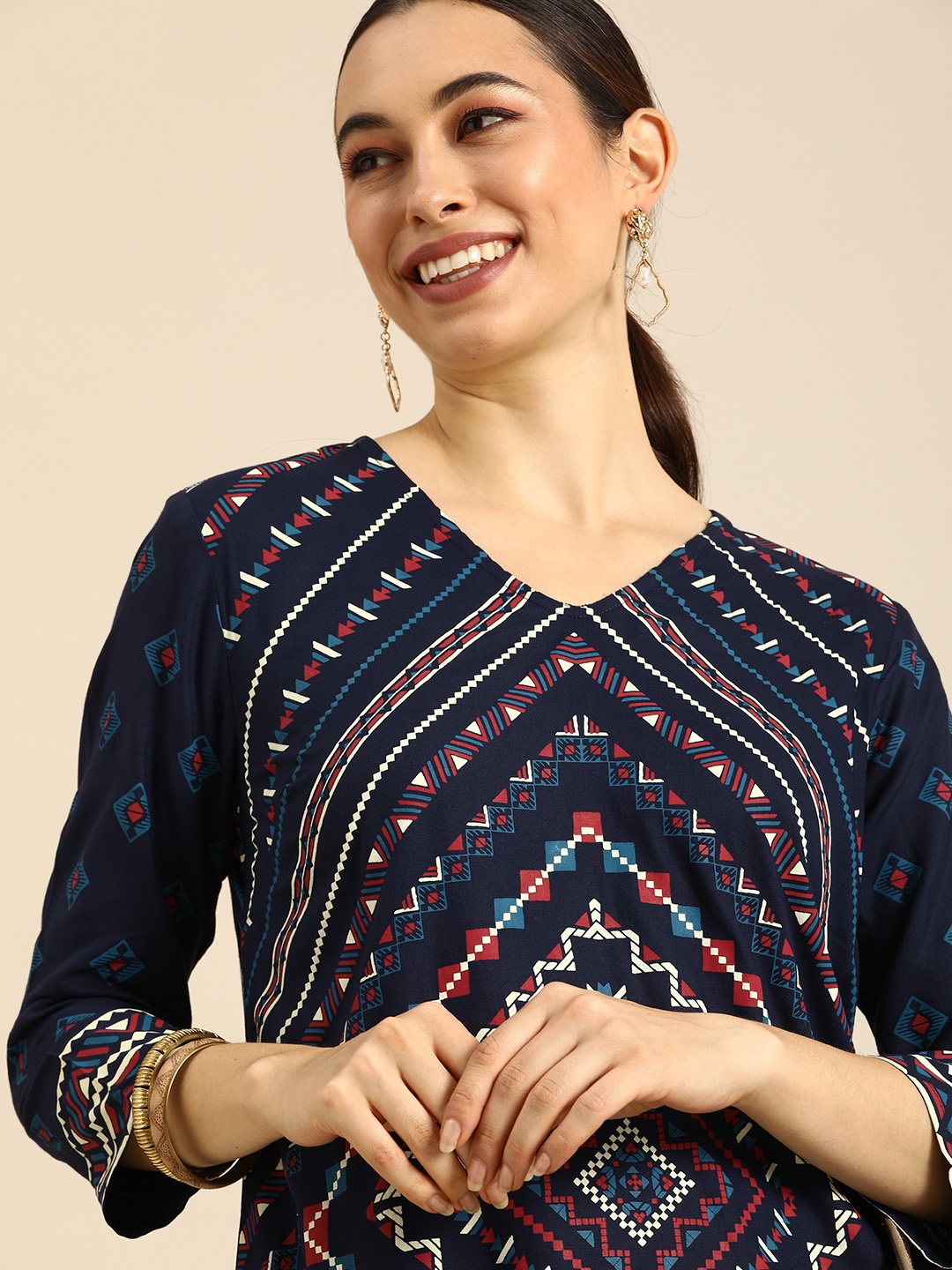 

Anouk Women Navy Blue & White Ethnic Motifs Printed Kurta