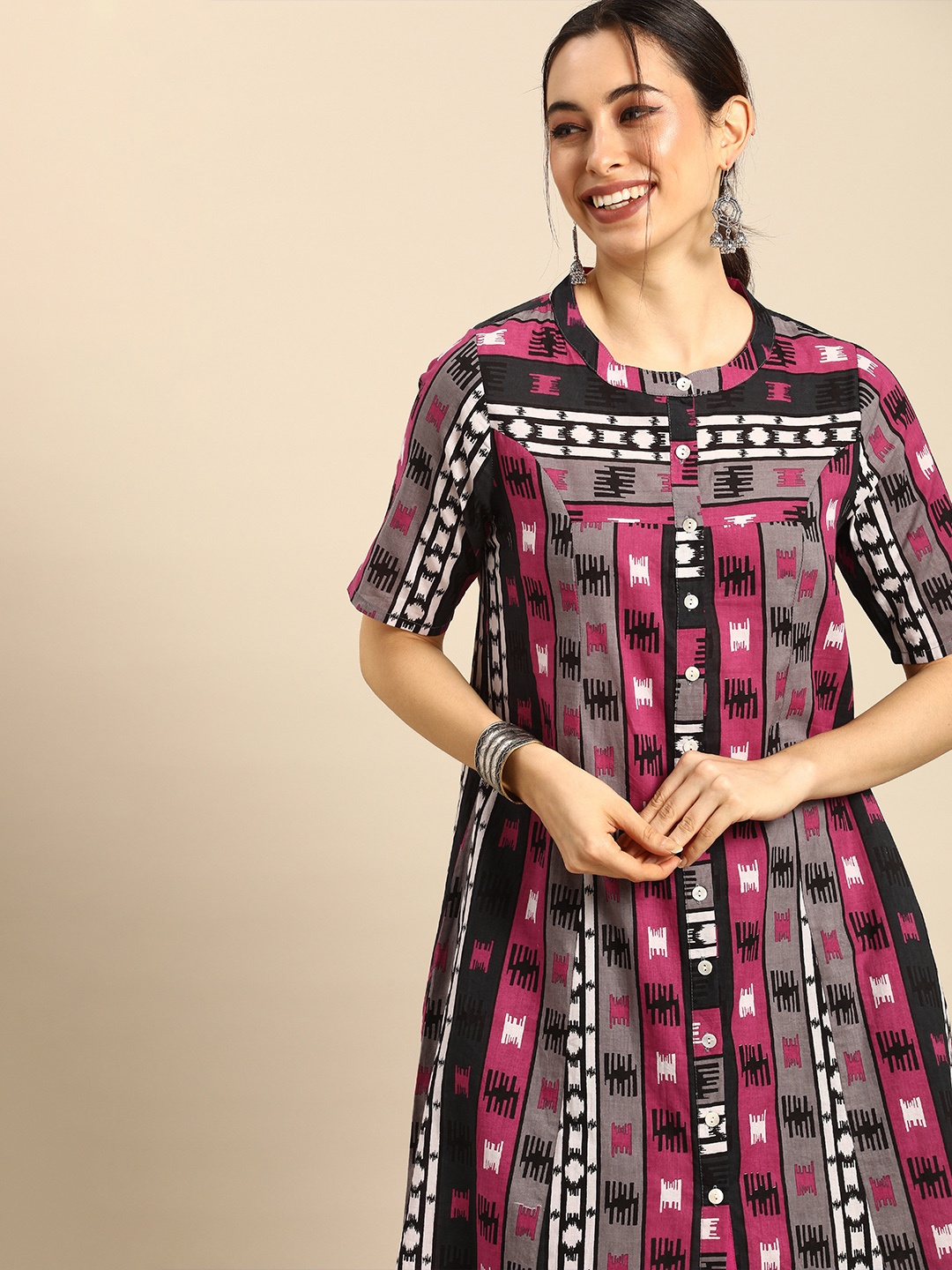 

Anouk Women Black & Grey Printed Pure Cotton A-Line Kurta