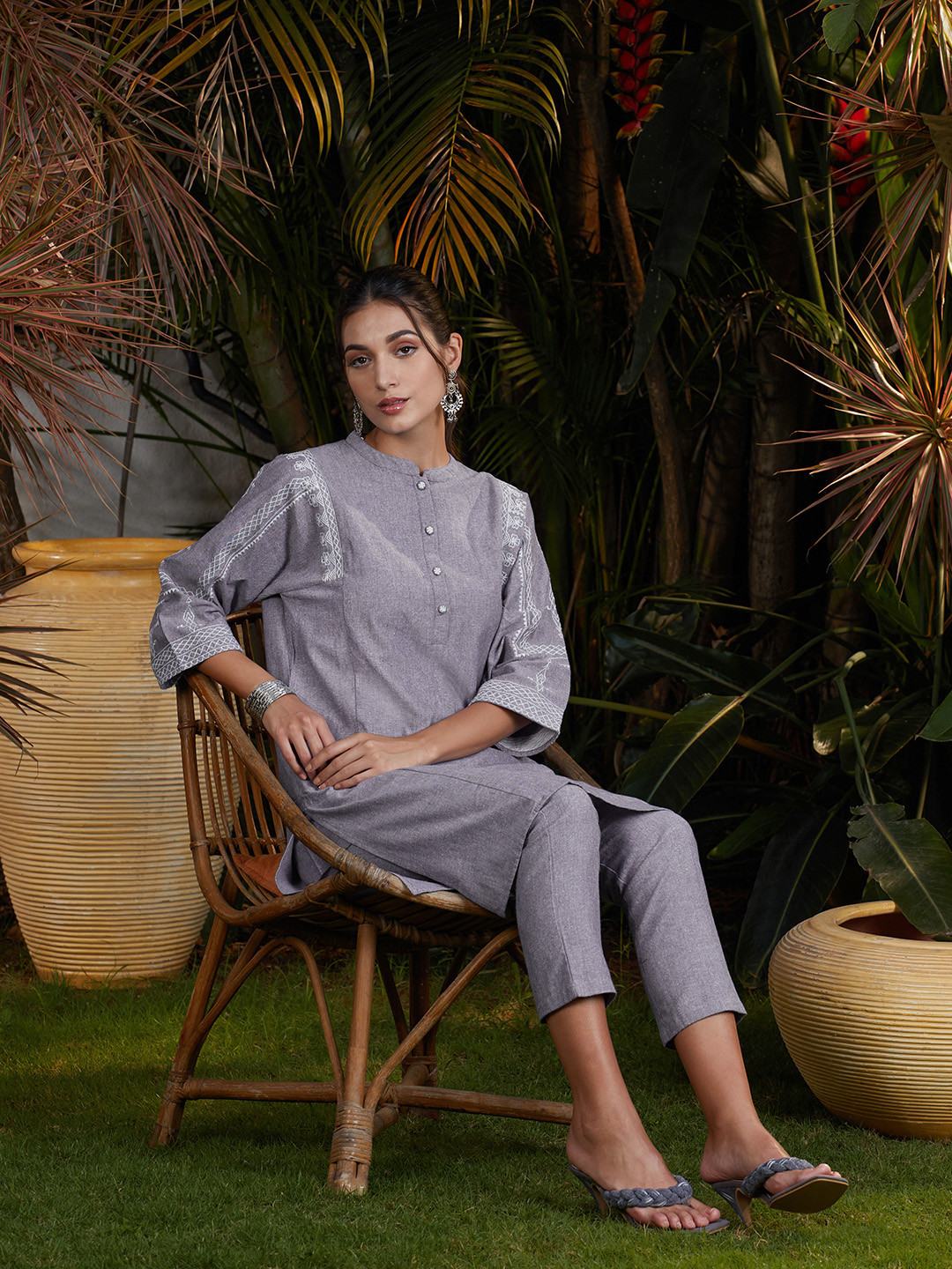 

Anouk Women Grey Embroidered Pure Cotton Kurta with Trousers