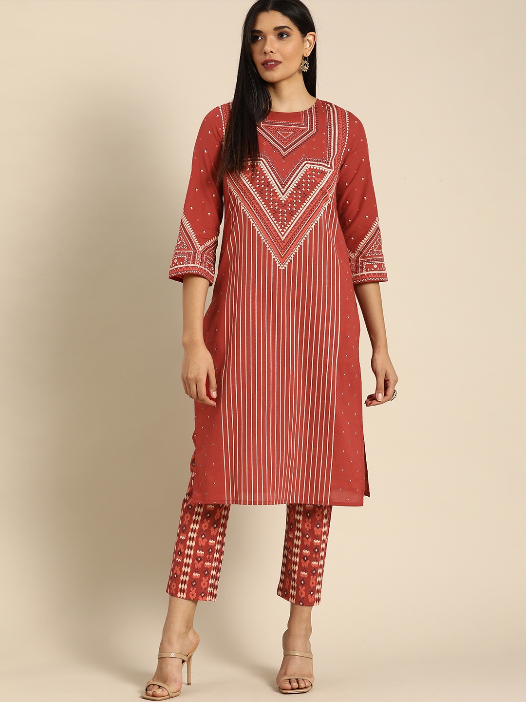 

Anouk Women Orange Ethnic Motifs Printed Regular Pure Cotton Kurta with Trousers