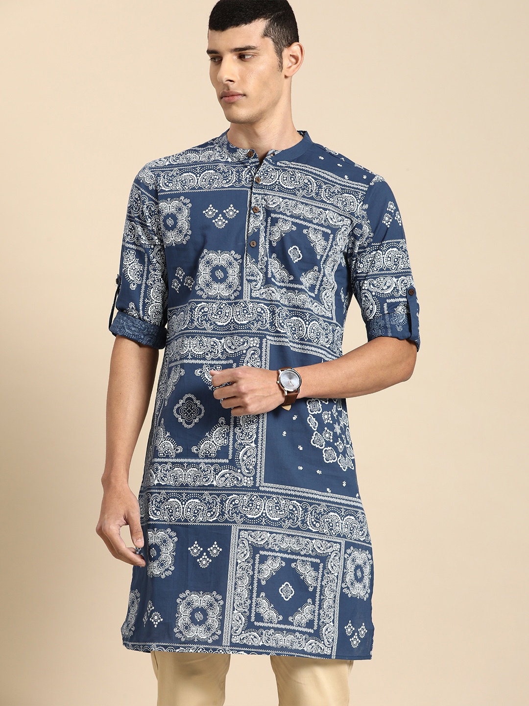 

Anouk Men Navy Blue & White Ethnic Motifs Printed Straight Kurta